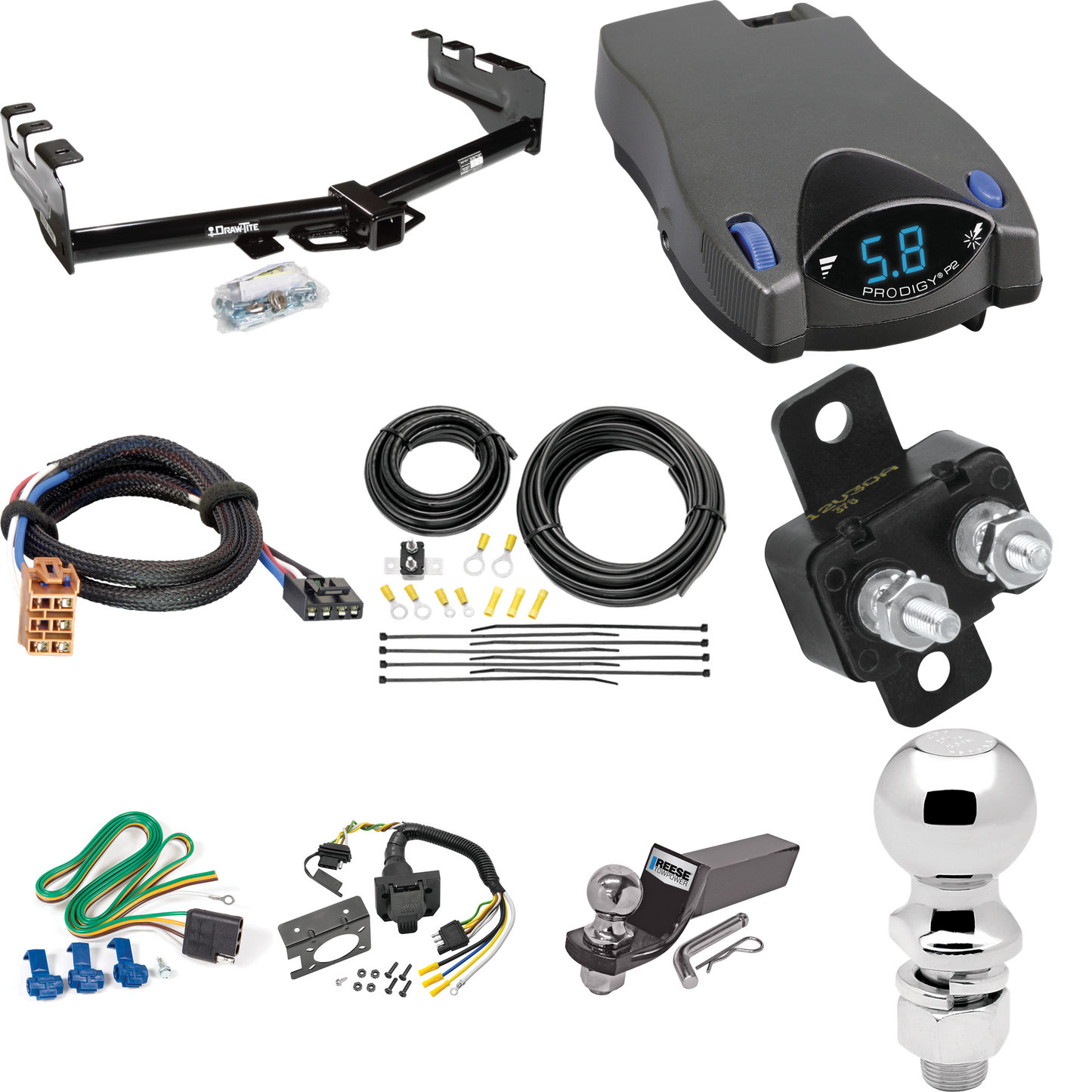 Se adapta al paquete de enganche de remolque GMC Sierra 2500 1999-2002 con control de freno Tekonsha Prodigy P2 + adaptador BC Plug &amp; Play + cableado RV de 7 vías + soporte de bola y caída de 2" y 2-5/16" de Draw-Tite