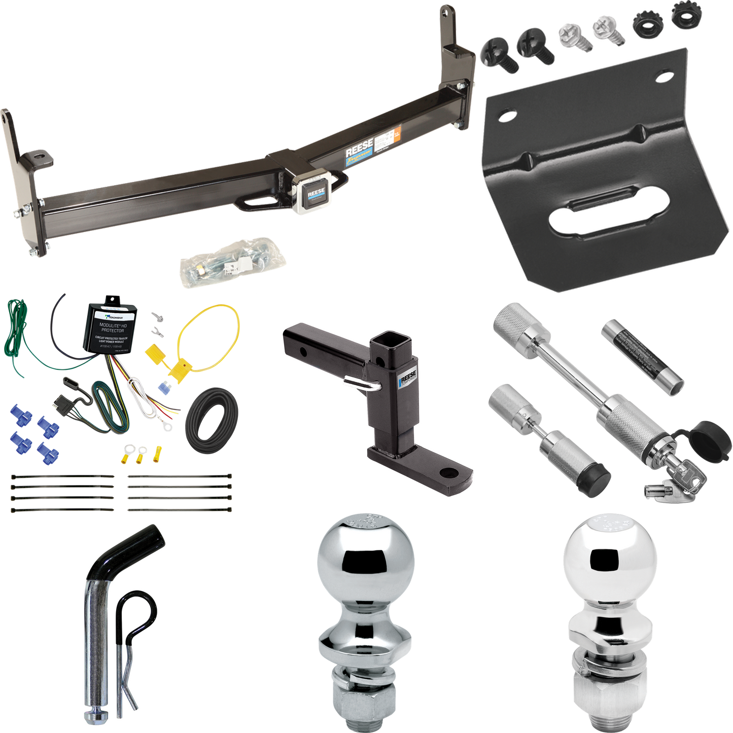 Fits 1997-2001 Mercury Mountaineer Trailer Hitch Tow PKG w/ 4-Flat Wiring Harness + Adjustable Drop Rise Ball Mount + Pin/Clip + 2" Ball + 1-7/8" Ball + Dual Hitch & Coupler Locks By Reese Towpower