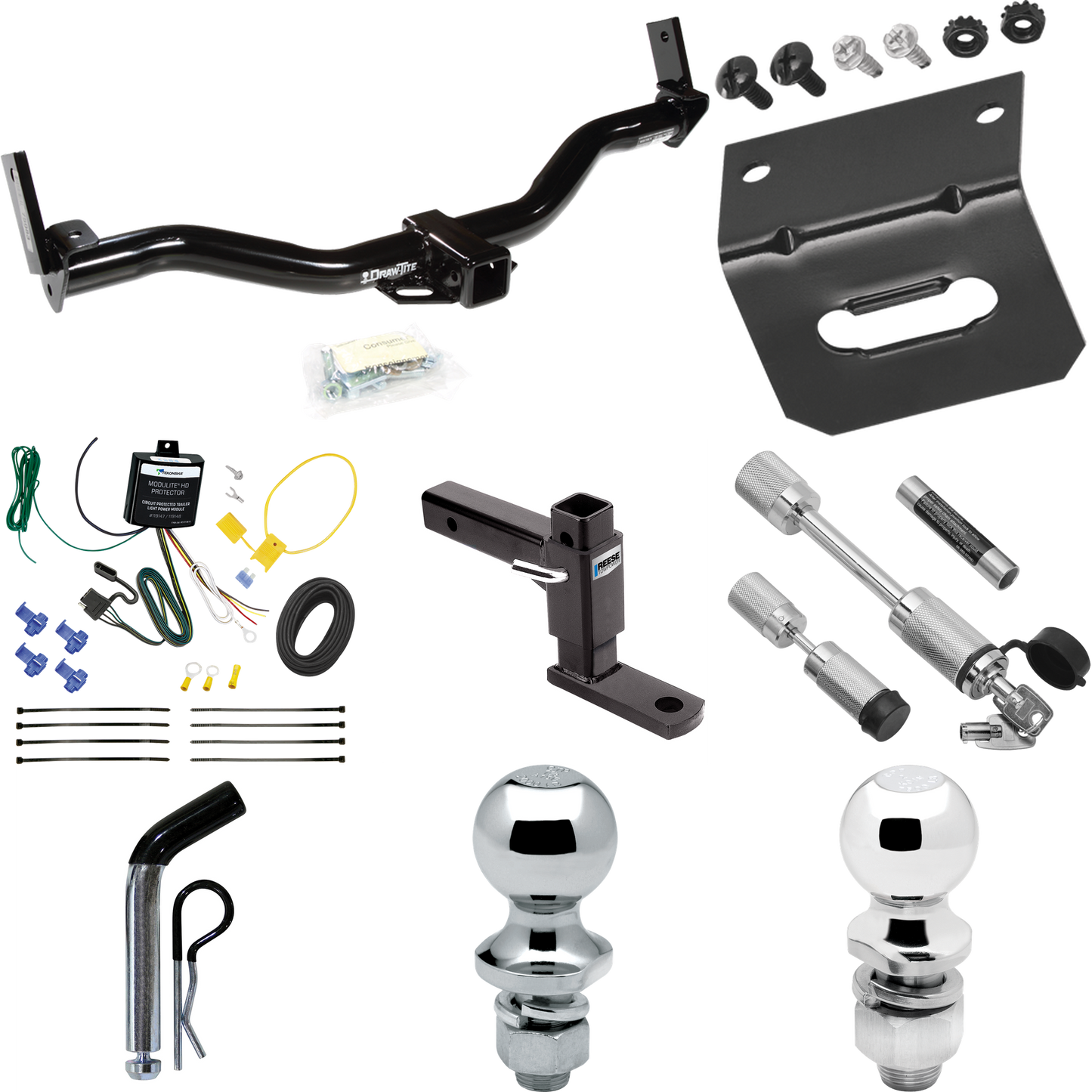 Fits 1995-2001 Ford Explorer Trailer Hitch Tow PKG w/ 4-Flat Wiring Harness + Adjustable Drop Rise Ball Mount + Pin/Clip + 2" Ball + 1-7/8" Ball + Dual Hitch & Coupler Locks By Draw-Tite