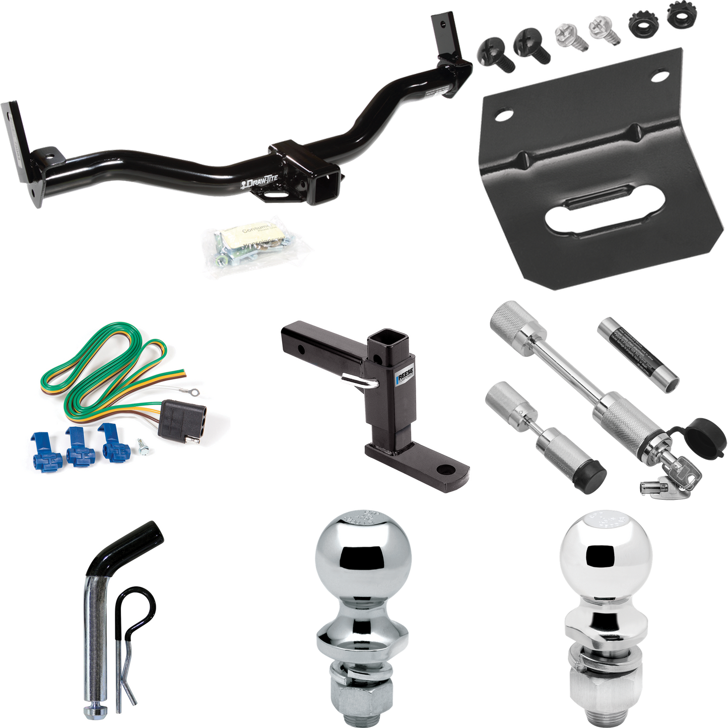 Fits 1991-1994 Mazda Navajo Trailer Hitch Tow PKG w/ 4-Flat Wiring Harness + Adjustable Drop Rise Ball Mount + Pin/Clip + 2" Ball + 1-7/8" Ball + Dual Hitch & Coupler Locks By Draw-Tite