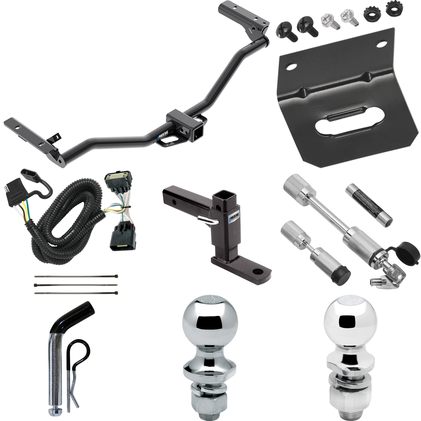 Fits 2011-2019 Ford Explorer Trailer Hitch Tow PKG w/ 4-Flat Wiring Harness + Adjustable Drop Rise Ball Mount + Pin/Clip + 2" Ball + 1-7/8" Ball + Dual Hitch & Coupler Locks By Reese Towpower