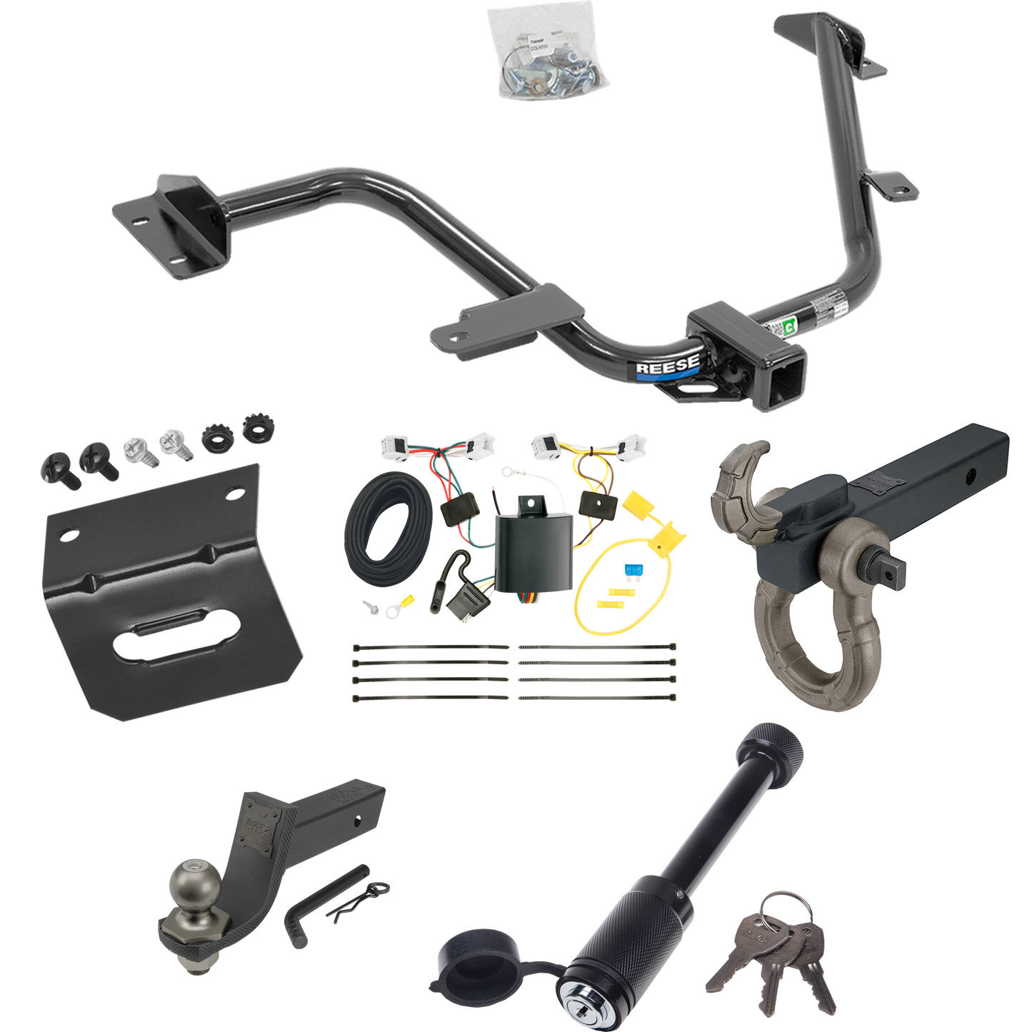 Fits 2013-2021 Nissan NV200 Trailer Hitch Tow PKG w/ 4-Flat Wiring + Interlock Tactical Starter Kit w/ 3-1/4" Drop & 2" Ball + Tactical Hook & Shackle Mount + Tactical Dogbone Lock + Wiring Bracket By Reese Towpower