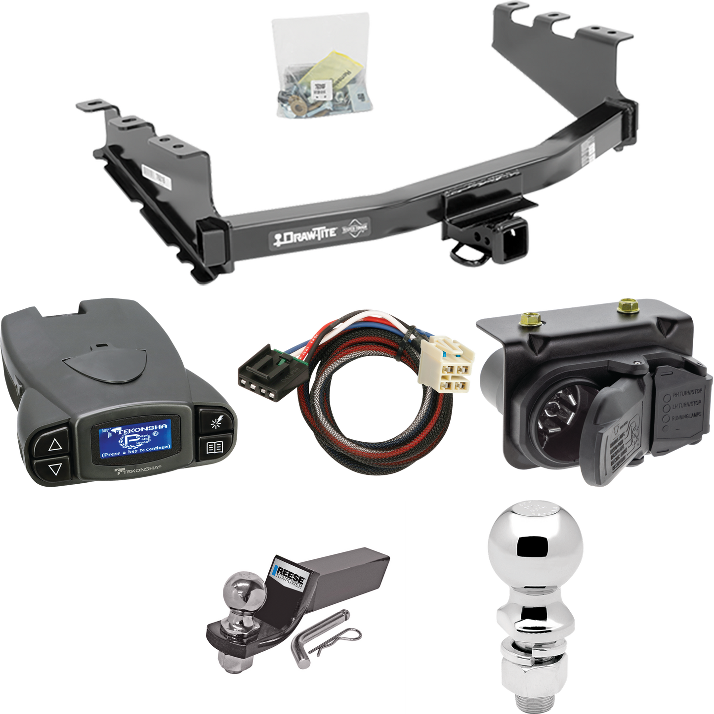 Se adapta al paquete de enganche de remolque GMC Sierra 1500 2014-2018 con control de freno Tekonsha Prodigy P3 + adaptador BC Plug &amp; Play + cableado RV de 7 vías + soporte de bola y caída de 2" y 2-5/16" de Draw-Tite