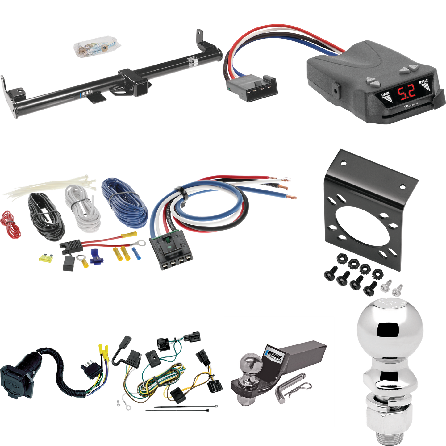 Se adapta al paquete de enganche de remolque Jeep Wrangler 1998-2006 con control de freno Tekonsha Brakeman IV + adaptador de cableado BC genérico + cableado RV de 7 vías + soporte de bola y caída de 2" y 2-5/16" de Reese Towpower