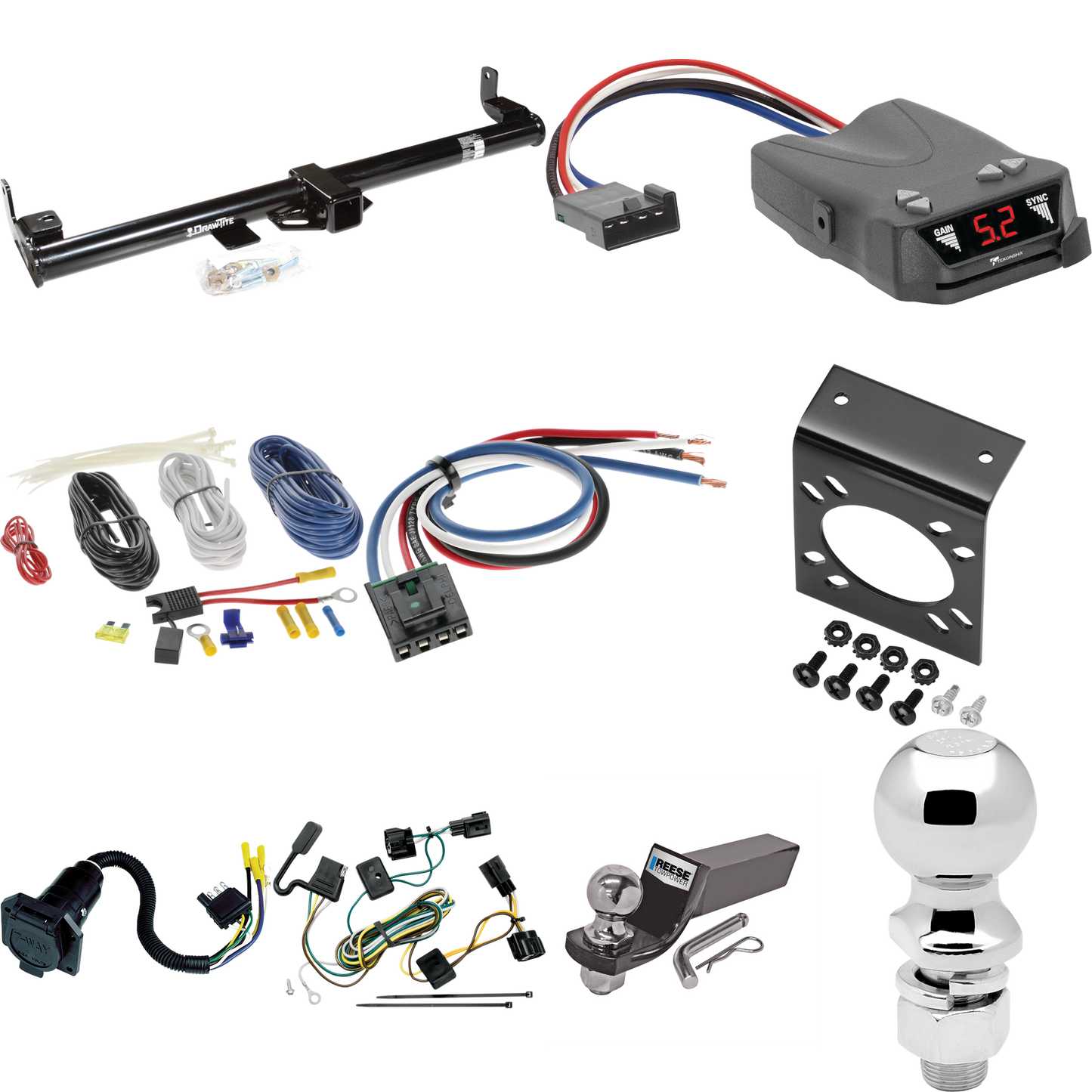 Se adapta al paquete de enganche de remolque Jeep Wrangler 1998-2006 con control de freno Tekonsha Brakeman IV + adaptador de cableado BC genérico + cableado RV de 7 vías + soporte de bola y caída de 2" y 2-5/16" de Draw-Tite