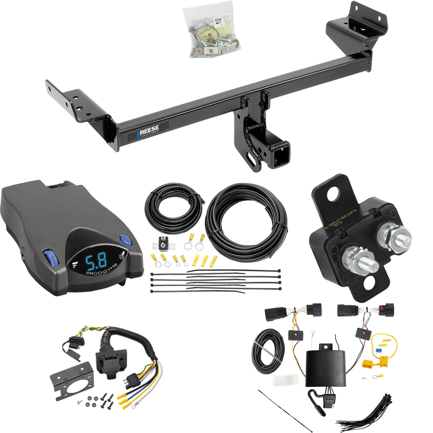 Se adapta al paquete de enganche de remolque Lincoln Nautilus 2019-2023 con control de freno Tekonsha Prodigy P2 + cableado RV de 7 vías de Reese Towpower