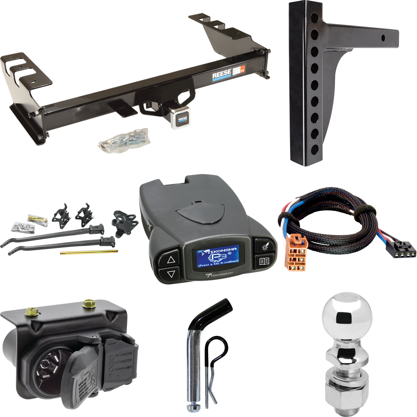 Fits 2003-2003 Chevrolet Silverado 1500 HD Trailer Hitch Tow PKG w/ 12K Trunnion Bar Weight Distribution Hitch + Pin/Clip + 2-5/16" Ball + Tekonsha Prodigy P3 Brake Control + Plug & Play BC Adapter + 7-Way RV Wiring By Reese Towpower