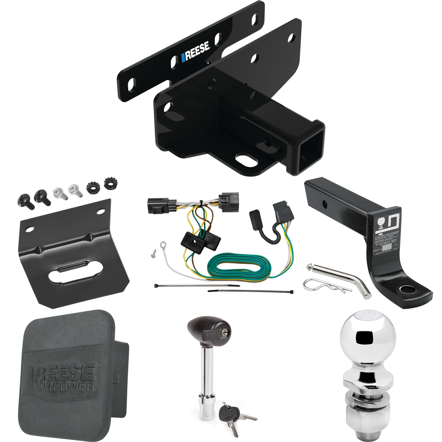 Fits 2007-2017 Jeep Wrangler Trailer Hitch Tow PKG w/ 4-Flat Wiring + Ball Mount w/ 4" Drop + 2" Ball + Wiring Bracket + Hitch Lock + Hitch Cover (Excludes: w/Right Hand Drive Models) By Reese Towpower