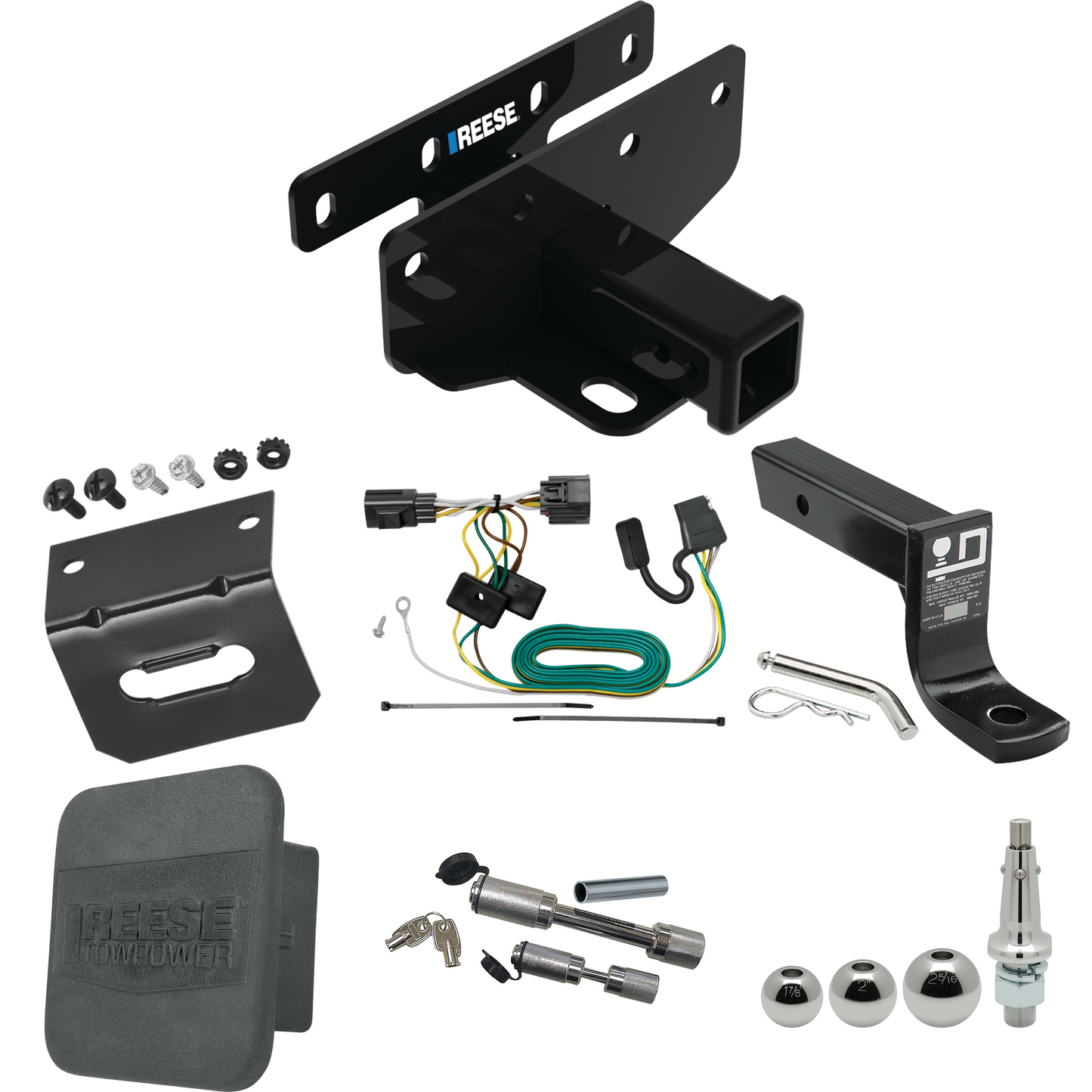 Fits 2018-2018 Jeep Wrangler JK Trailer Hitch Tow PKG w/ 4-Flat Wiring + Ball Mount w/ 4" Drop + Interchangeable Ball 1-7/8" & 2" & 2-5/16" + Wiring Bracket + Dual Hitch & Coupler Locks + Hitch Cover (For Right Hand Drive Models) By Reese Towpower