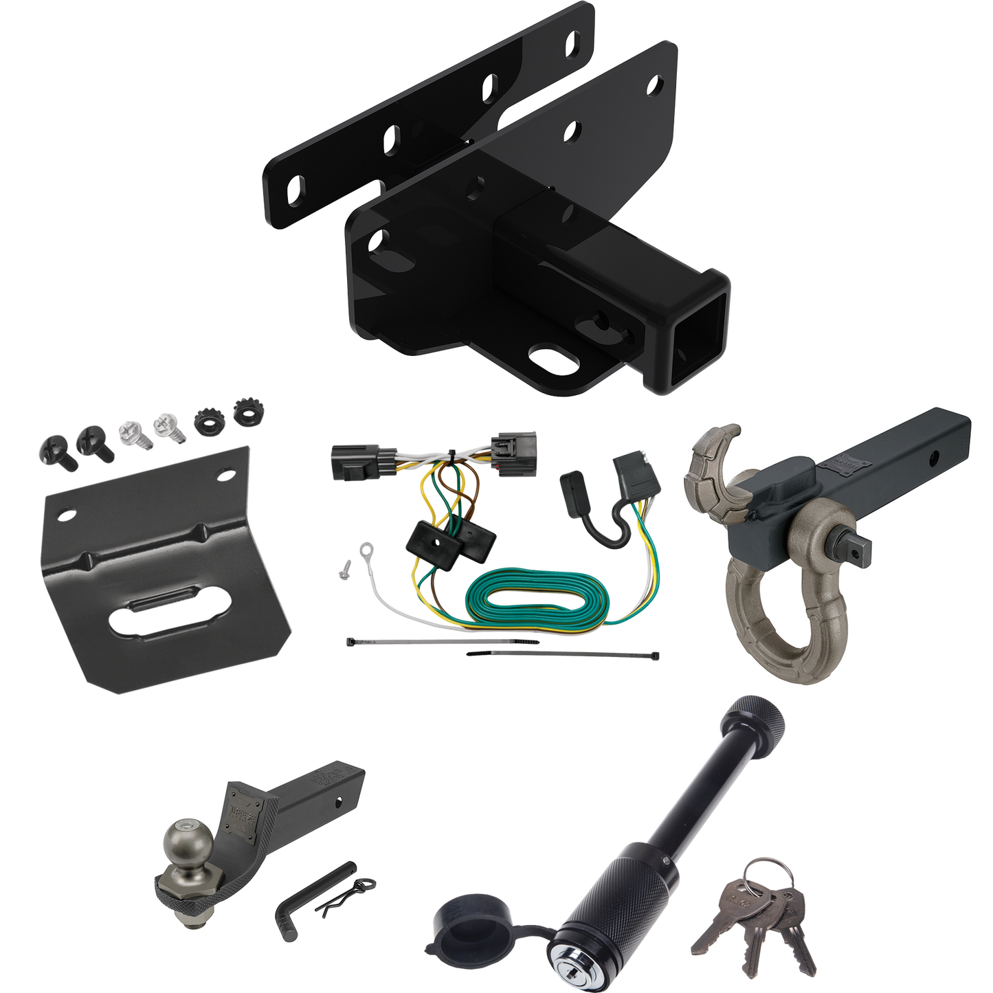 Fits 2018-2018 Jeep Wrangler JK Trailer Hitch Tow PKG w/ 4-Flat Wiring + Interlock Tactical Starter Kit w/ 2" Drop & 2" Ball + Tactical Hook & Shackle Mount + Tactical Dogbone Lock + Wiring Bracket (Excludes: w/Right Hand Drive Models) By Draw-Tite