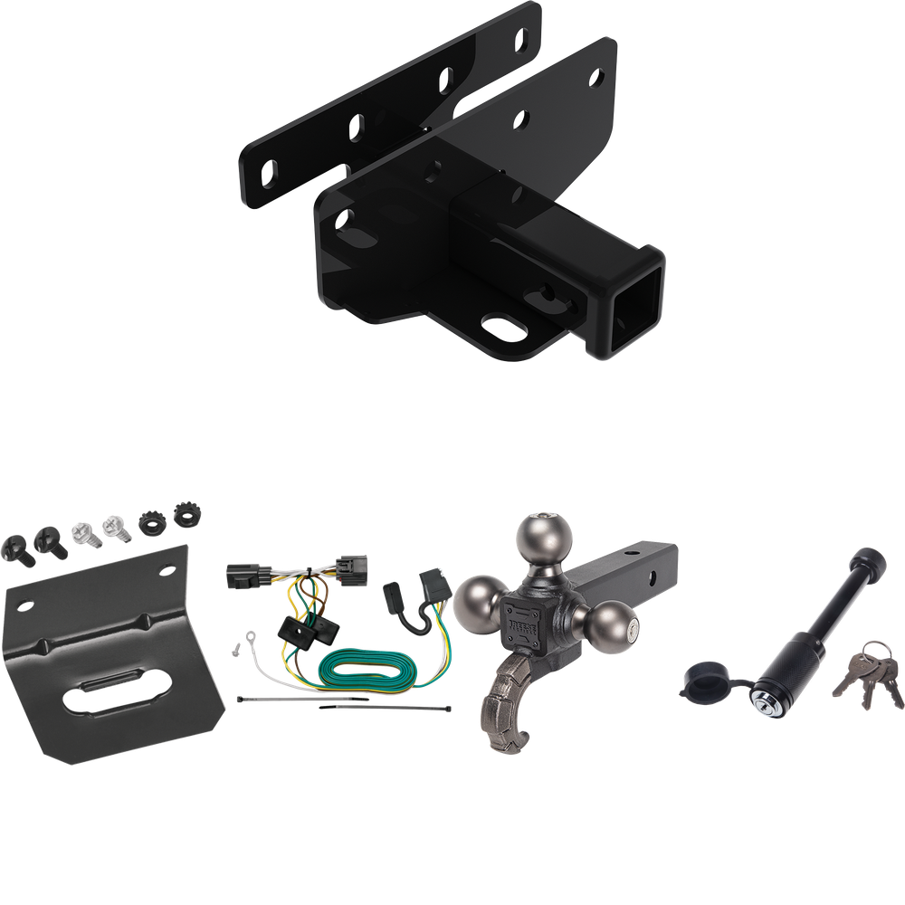 Fits 2007-2017 Jeep Wrangler Trailer Hitch Tow PKG w/ 4-Flat Wiring + Triple Ball Tactical Ball Mount 1-7/8" & 2" & 2-5/16" Balls w/ Tow Hook + Tactical Dogbone Lock + Wiring Bracket (Excludes: w/Right Hand Drive Models) By Draw-Tite