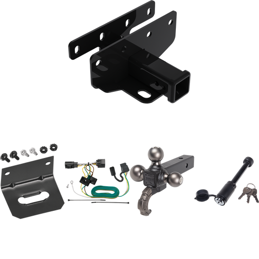 Fits 2007-2017 Jeep Wrangler Trailer Hitch Tow PKG w/ 4-Flat Wiring + Triple Ball Tactical Ball Mount 1-7/8" & 2" & 2-5/16" Balls w/ Tow Hook + Tactical Dogbone Lock + Wiring Bracket (Excludes: w/Right Hand Drive Models) By Draw-Tite