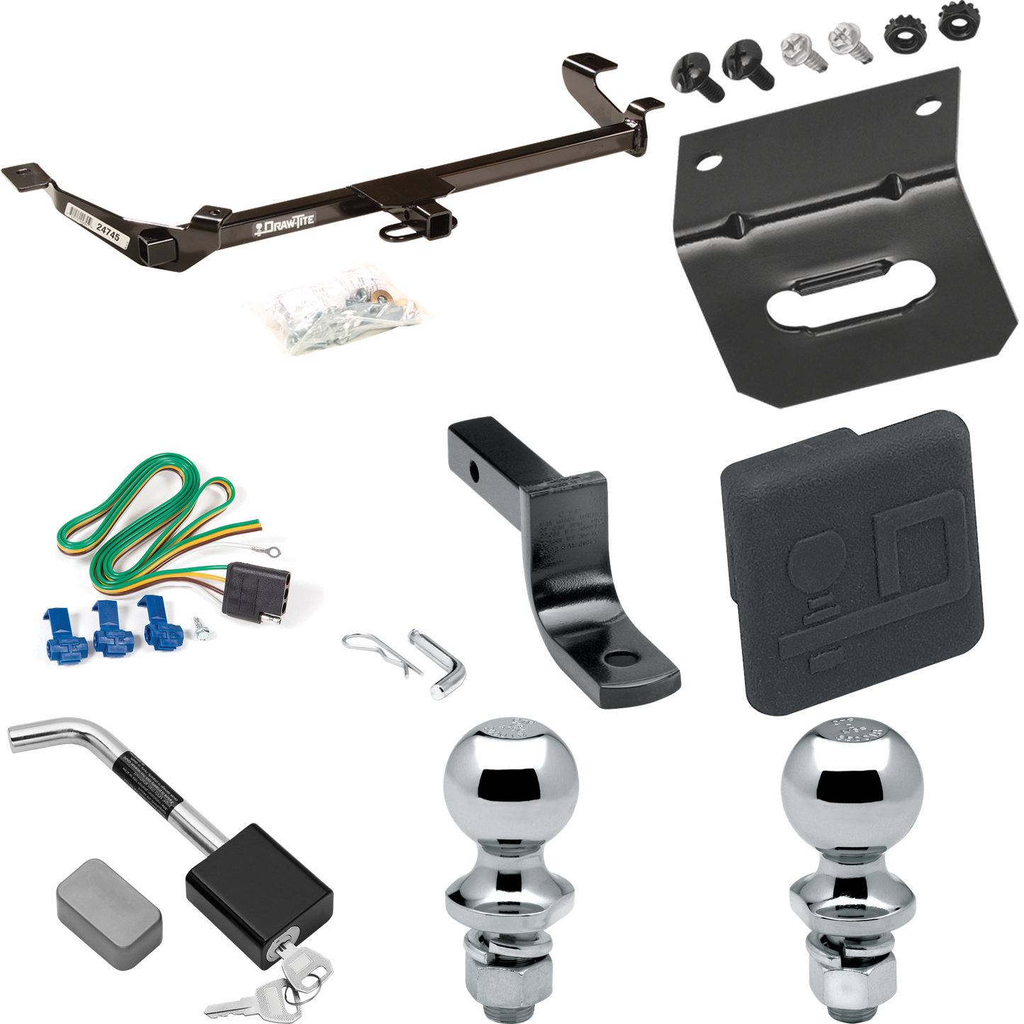 Fits 2005-2006 Pontiac Pursuit Trailer Hitch Tow PKG w/ 4-Flat Wiring Harness + Draw-Bar + 1-7/8" + 2" Ball + Wiring Bracket + Hitch Cover + Hitch Lock (For Sedan, (Canada Only) Models) By Draw-Tite