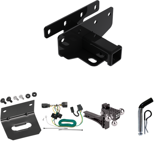 Fits 2007-2017 Jeep Wrangler Trailer Hitch Tow PKG w/ 4-Flat Wiring Harness + Adjustable Drop Rise Triple Ball Ball Mount 1-7/8" & 2" & 2-5/16" Trailer Balls + Pin/Clip + Wiring Bracket (Excludes: w/Right Hand Drive Models) By Draw-Tite