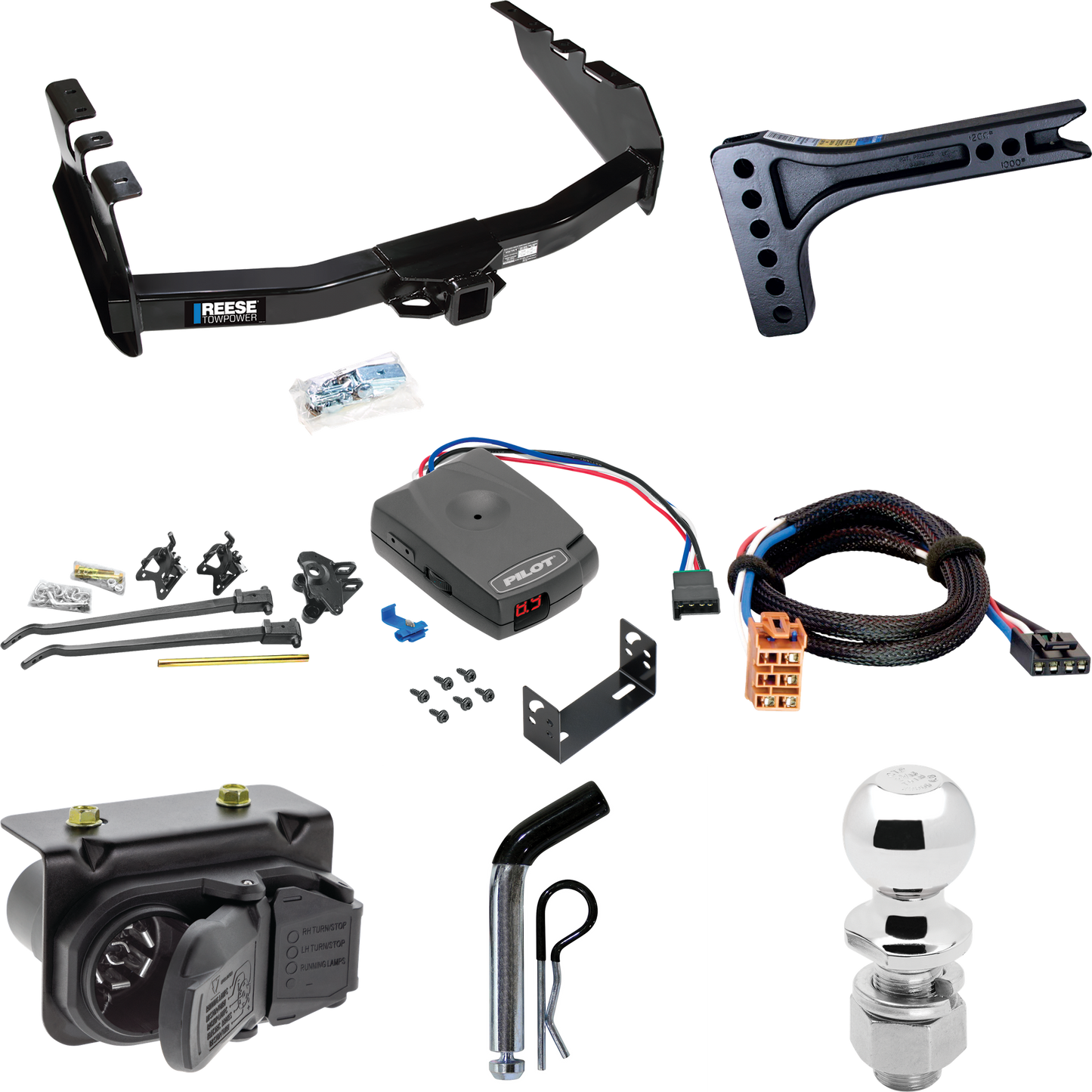 Fits 2003-2004 Chevrolet Silverado 2500 Trailer Hitch Tow PKG w/ 15K Trunnion Bar Weight Distribution Hitch + Pin/Clip + 2-5/16" Ball + Pro Series Pilot Brake Control + Plug & Play BC Adapter + 7-Way RV Wiring By Reese Towpower