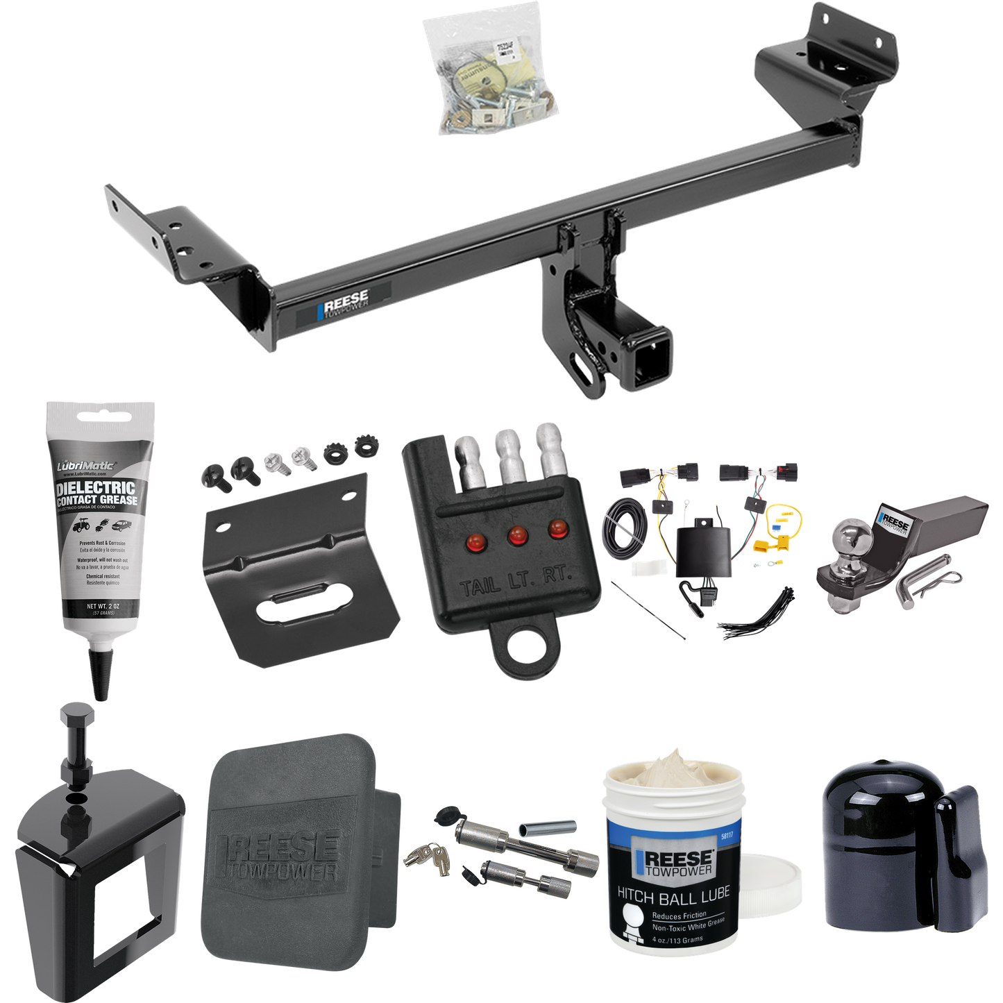 Fits 2019-2023 Lincoln Nautilus Trailer Hitch Tow PKG w/ 4-Flat Wiring + Starter Kit Ball Mount w/ 2" Drop & 2" Ball + 1-7/8" Ball + Wiring Bracket + Dual Hitch & Coupler Locks + Hitch Cover + Wiring Tester + Ball Lube + Electric Grease + Ball Wrench