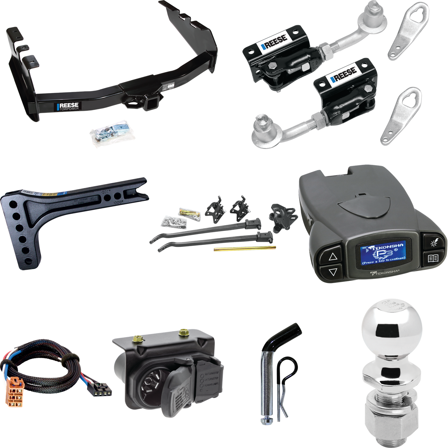 Fits 2003-2004 Chevrolet Silverado 2500 Trailer Hitch Tow PKG w/ 15K Trunnion Bar Weight Distribution Hitch + Pin/Clip + Dual Cam Sway Control + 2-5/16" Ball + Tekonsha Prodigy P3 Brake Control + Plug & Play BC Adapter + 7-Way RV Wiring By Reese Towp