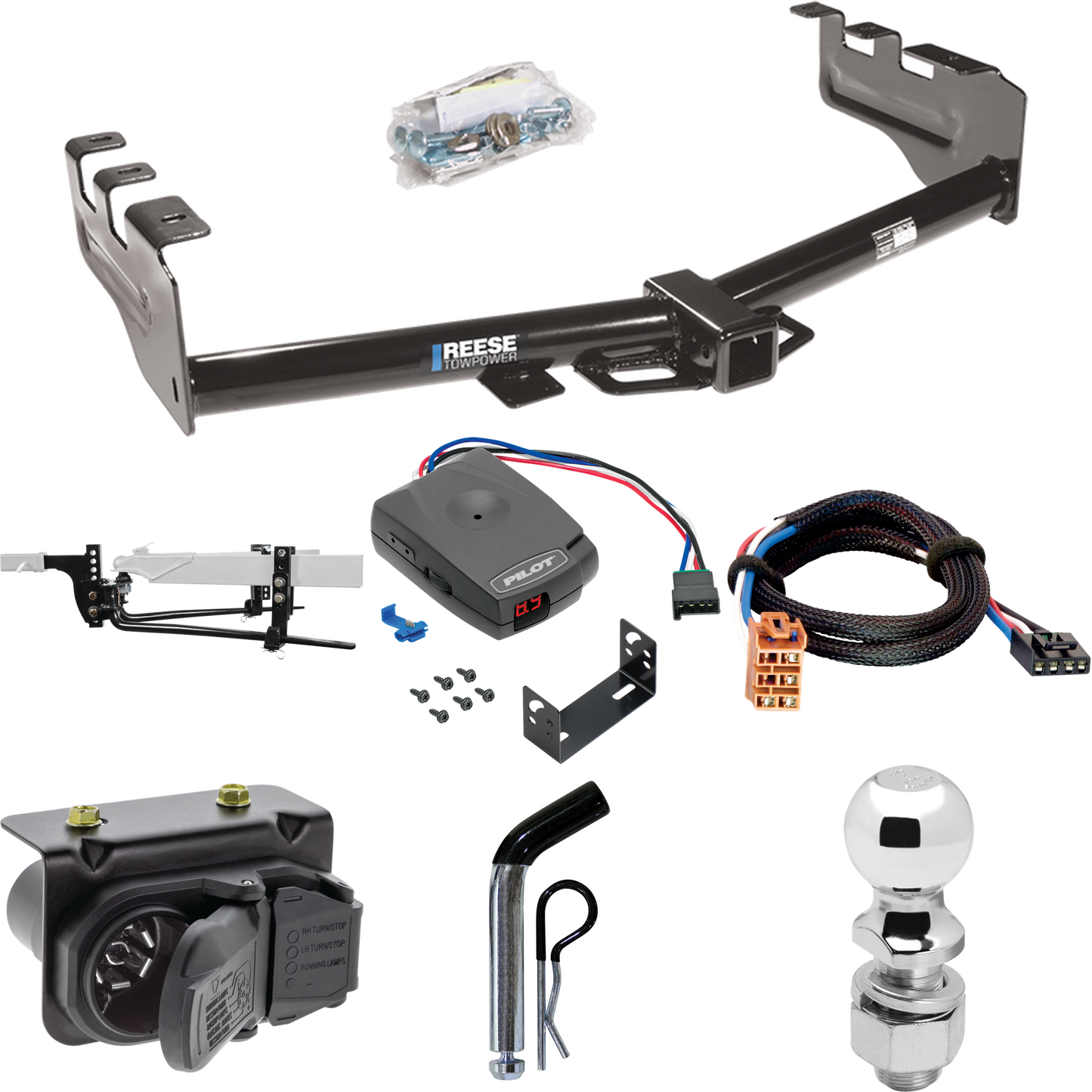 Fits 2003-2004 Chevrolet Silverado 2500 Trailer Hitch Tow PKG w/ 8K Round Bar Weight Distribution Hitch w/ 2-5/16" Ball + 2" Ball + Pin/Clip + Pro Series Pilot Brake Control + Plug & Play BC Adapter + 7-Way RV Wiring By Reese Towpower