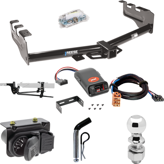 Fits 2003-2004 Chevrolet Silverado 2500 Trailer Hitch Tow PKG w/ 8K Round Bar Weight Distribution Hitch w/ 2-5/16" Ball + 2" Ball + Pin/Clip + Pro Series POD Brake Control + Plug & Play BC Adapter + 7-Way RV Wiring By Reese Towpower