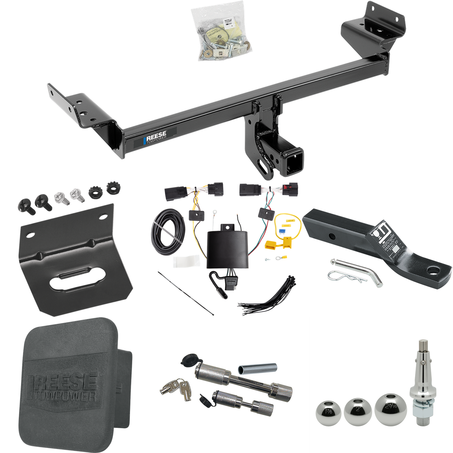 Fits 2019-2023 Lincoln Nautilus Trailer Hitch Tow PKG w/ 4-Flat Wiring + Ball Mount w/ 2" Drop + Interchangeable Ball 1-7/8" & 2" & 2-5/16" + Wiring Bracket + Dual Hitch & Coupler Locks + Hitch Cover By Reese Towpower