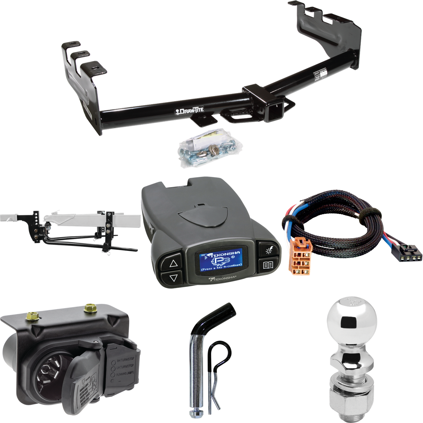 Fits 2003-2004 Chevrolet Silverado 2500 Trailer Hitch Tow PKG w/ 8K Round Bar Weight Distribution Hitch w/ 2-5/16" Ball + 2" Ball + Pin/Clip + Tekonsha Prodigy P3 Brake Control + Plug & Play BC Adapter + 7-Way RV Wiring By Draw-Tite