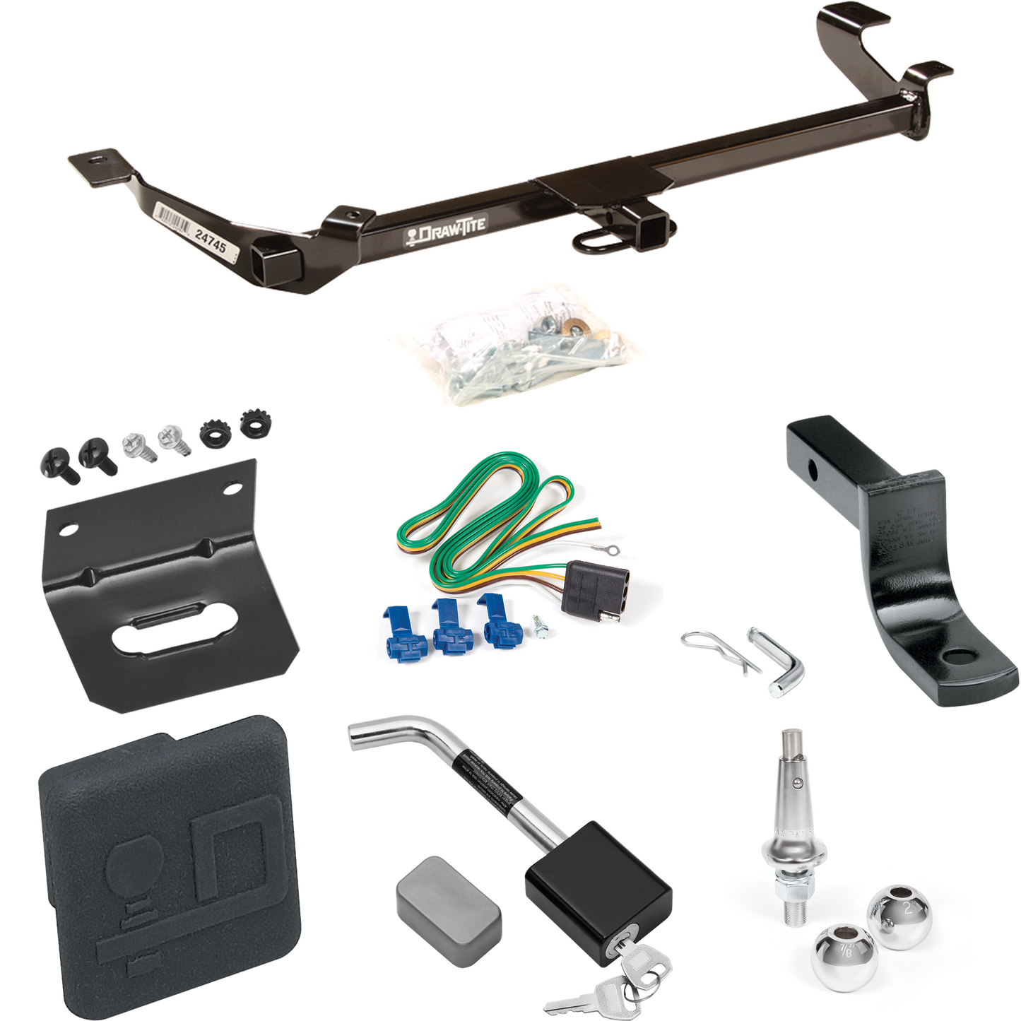 Fits 2005-2010 Chevrolet Cobalt Trailer Hitch Tow PKG w/ 4-Flat Wiring Harness + Draw-Bar + Interchangeable 1-7/8" & 2" Balls + Wiring Bracket + Hitch Cover + Hitch Lock (For Coupe, Except SS Models) By Draw-Tite