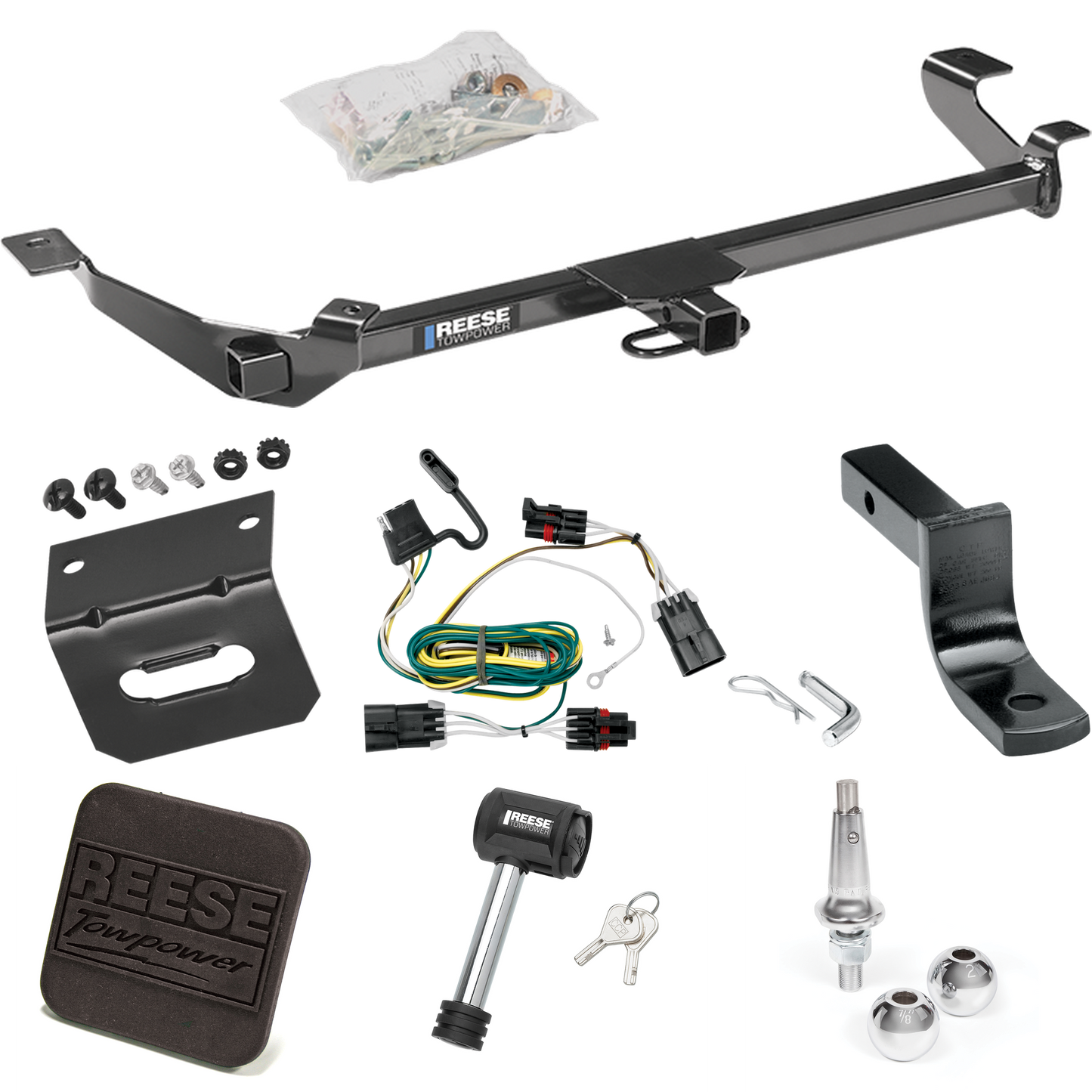 Fits 2007-2009 Pontiac G5 Trailer Hitch Tow PKG w/ 4-Flat Wiring Harness + Draw-Bar + Interchangeable 1-7/8" & 2" Balls + Wiring Bracket + Hitch Cover + Hitch Lock (Excludes: GT Models) By Reese Towpower