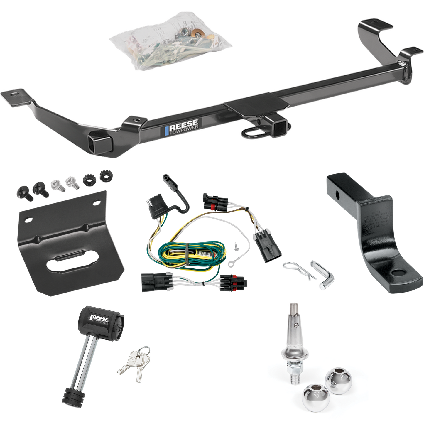 Fits 2007-2009 Pontiac G5 Trailer Hitch Tow PKG w/ 4-Flat Wiring Harness + Draw-Bar + Interchangeable 1-7/8" & 2" Balls + Wiring Bracket + Hitch Lock (Excludes: GT Models) By Reese Towpower