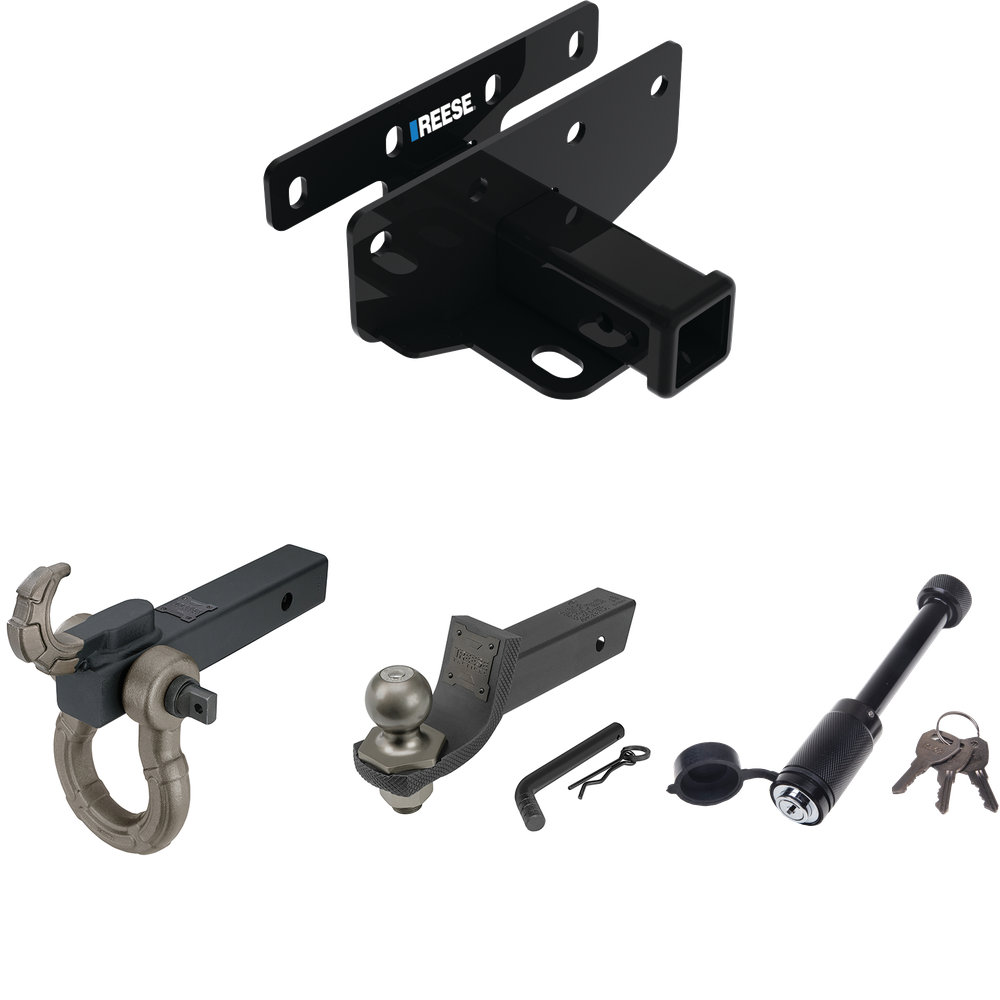 Fits 2018-2023 Jeep Wrangler Trailer Hitch Tow PKG + Interlock Tactical Starter Kit w/ 2" Drop & 2" Ball + Tactical Hook & Shackle Mount + Tactical Dogbone Lock (For JL (New Body Style) Models) By Reese Towpower