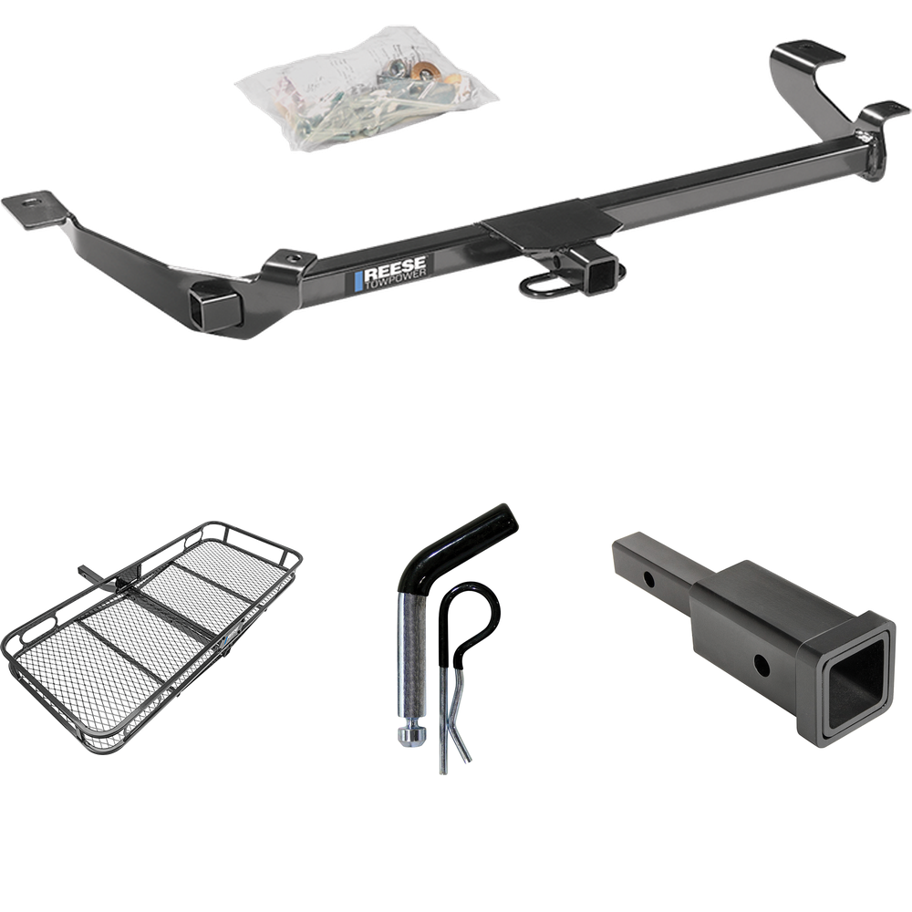 Fits 2005-2010 Chevrolet Cobalt Trailer Hitch Tow PKG w/ Hitch Adapter 1-1/4" to 2" Receiver + 1/2" Pin & Clip + 60" x 24" Cargo Carrier Rack (For Coupe, Except SS Models) By Reese Towpower