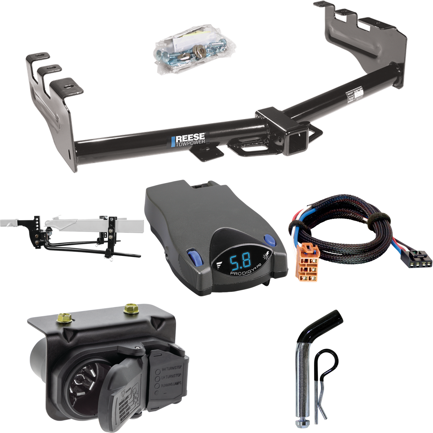 Fits 2003-2004 Chevrolet Silverado 2500 Trailer Hitch Tow PKG w/ 8K Round Bar Weight Distribution Hitch w/ 2-5/16" Ball + Pin/Clip + Tekonsha Prodigy P2 Brake Control + Plug & Play BC Adapter + 7-Way RV Wiring By Reese Towpower