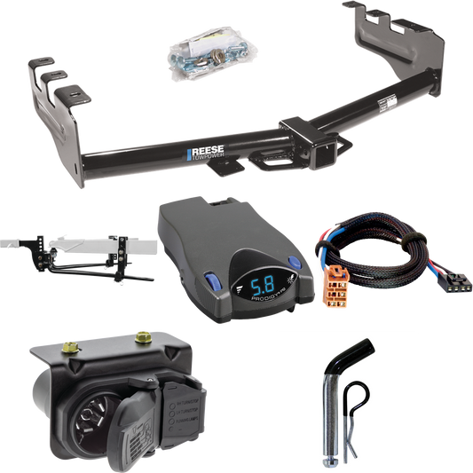 Fits 2003-2004 Chevrolet Silverado 2500 Trailer Hitch Tow PKG w/ 8K Round Bar Weight Distribution Hitch w/ 2-5/16" Ball + Pin/Clip + Tekonsha Prodigy P2 Brake Control + Plug & Play BC Adapter + 7-Way RV Wiring By Reese Towpower