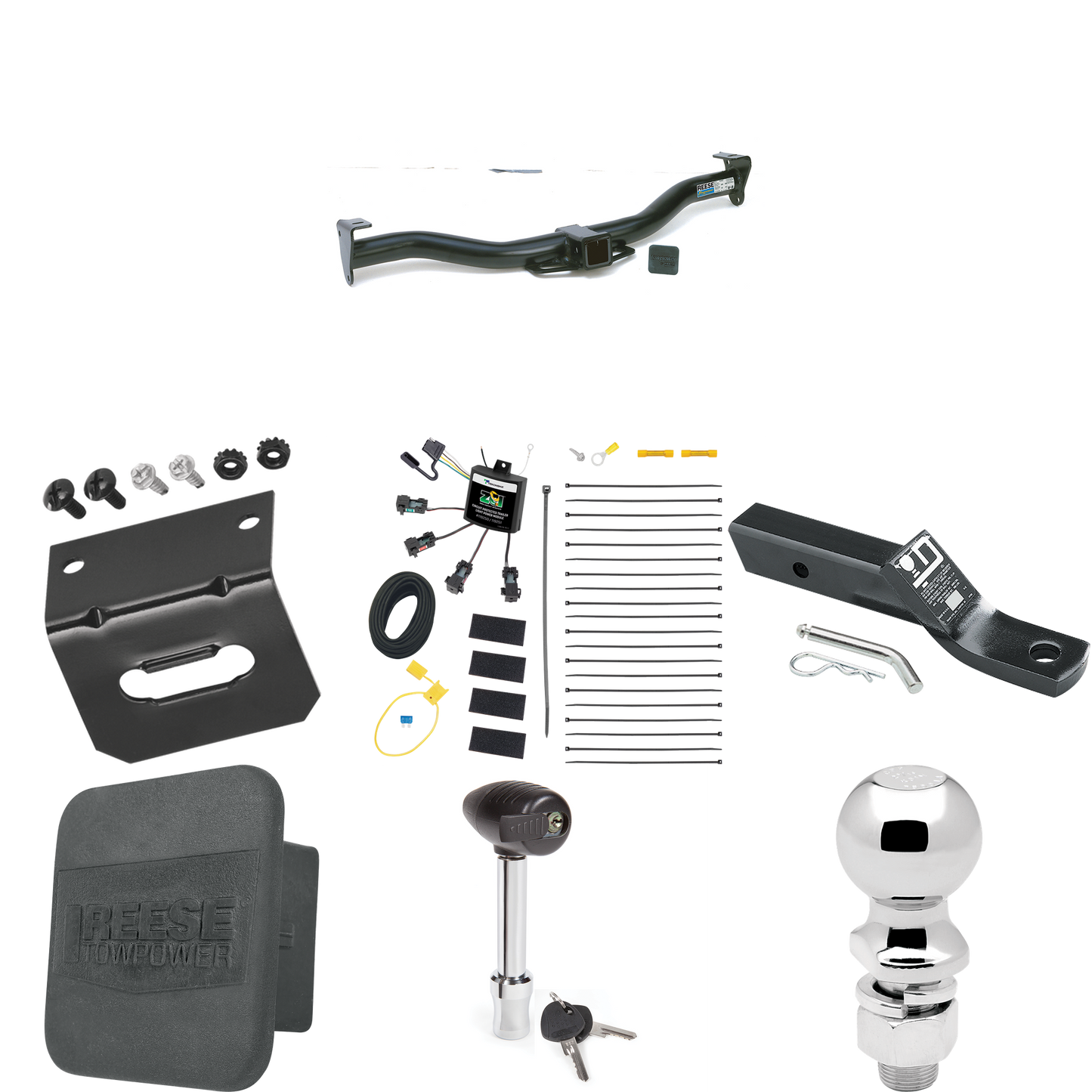 Fits 1997-2001 Mercury Mountaineer Trailer Hitch Tow PKG w/ 4-Flat Zero Contact "No Splice" Wiring + Ball Mount w/ 2" Drop + 2-5/16" Ball + Wiring Bracket + Hitch Lock + Hitch Cover By Reese Towpower