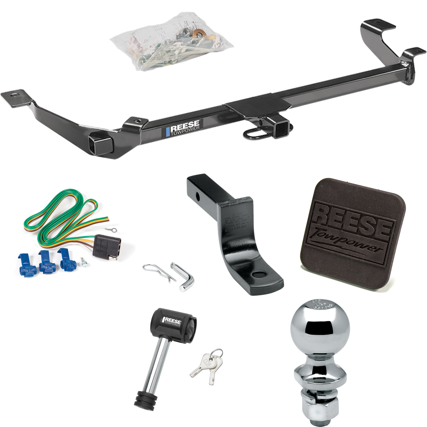 Se adapta al paquete de enganche de remolque Chevrolet Cobalt 2005-2010 con arnés de cableado de 4 planos + barra de tracción + bola de 2" + cubierta de enganche + bloqueo de enganche (para sedán, excepto modelos SS) de Reese Towpower