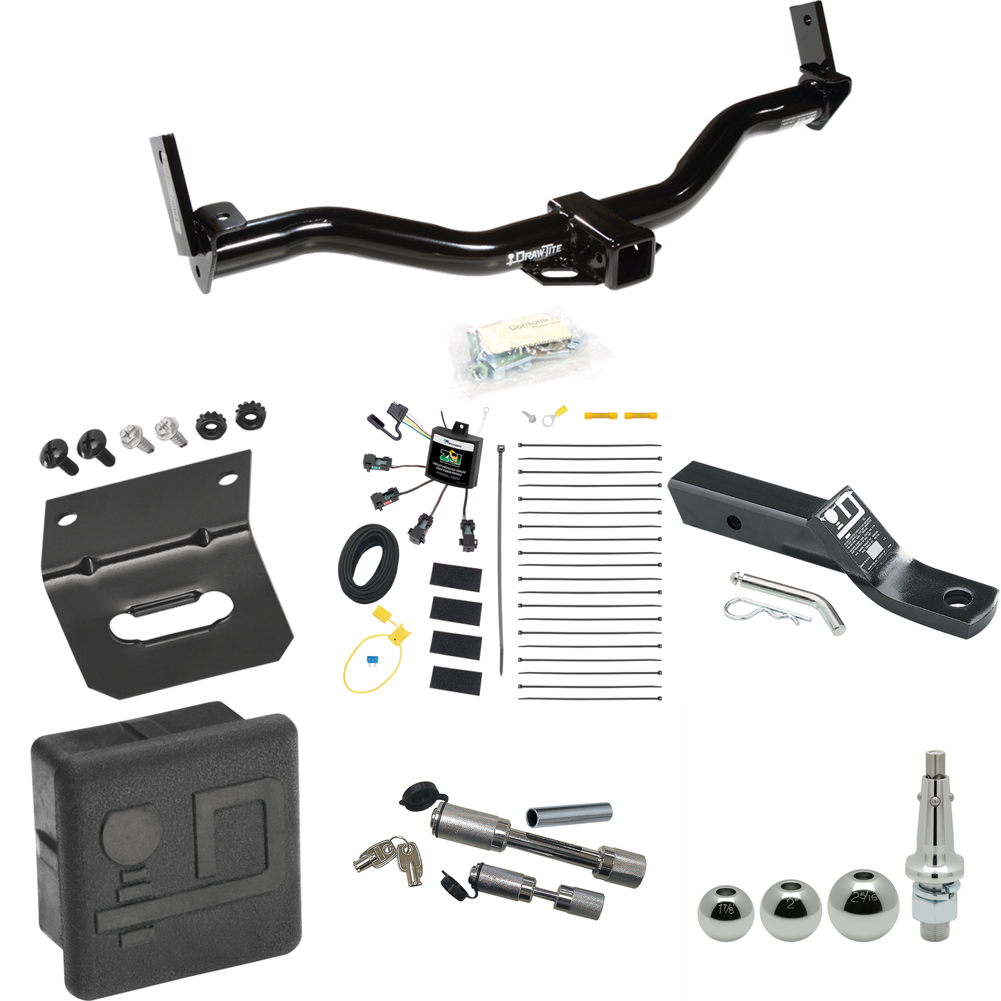 Fits 1995-2001 Ford Explorer Trailer Hitch Tow PKG w/ 4-Flat Zero Contact "No Splice" Wiring + Ball Mount w/ 2" Drop + Interchangeable Ball 1-7/8" & 2" & 2-5/16" + Wiring Bracket + Dual Hitch & Coupler Locks + Hitch Cover By Draw-Tite