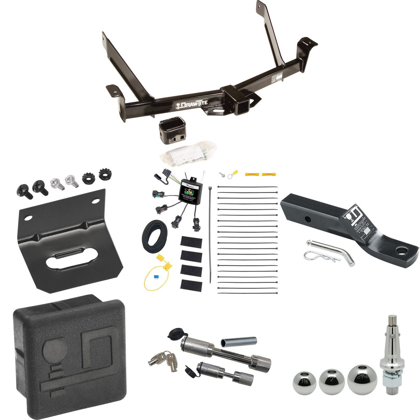 Fits 1997-2001 Mercury Mountaineer Trailer Hitch Tow PKG w/ 4-Flat Zero Contact "No Splice" Wiring + Ball Mount w/ 2" Drop + Interchangeable Ball 1-7/8" & 2" & 2-5/16" + Wiring Bracket + Dual Hitch & Coupler Locks + Hitch Cover By Draw-Tite