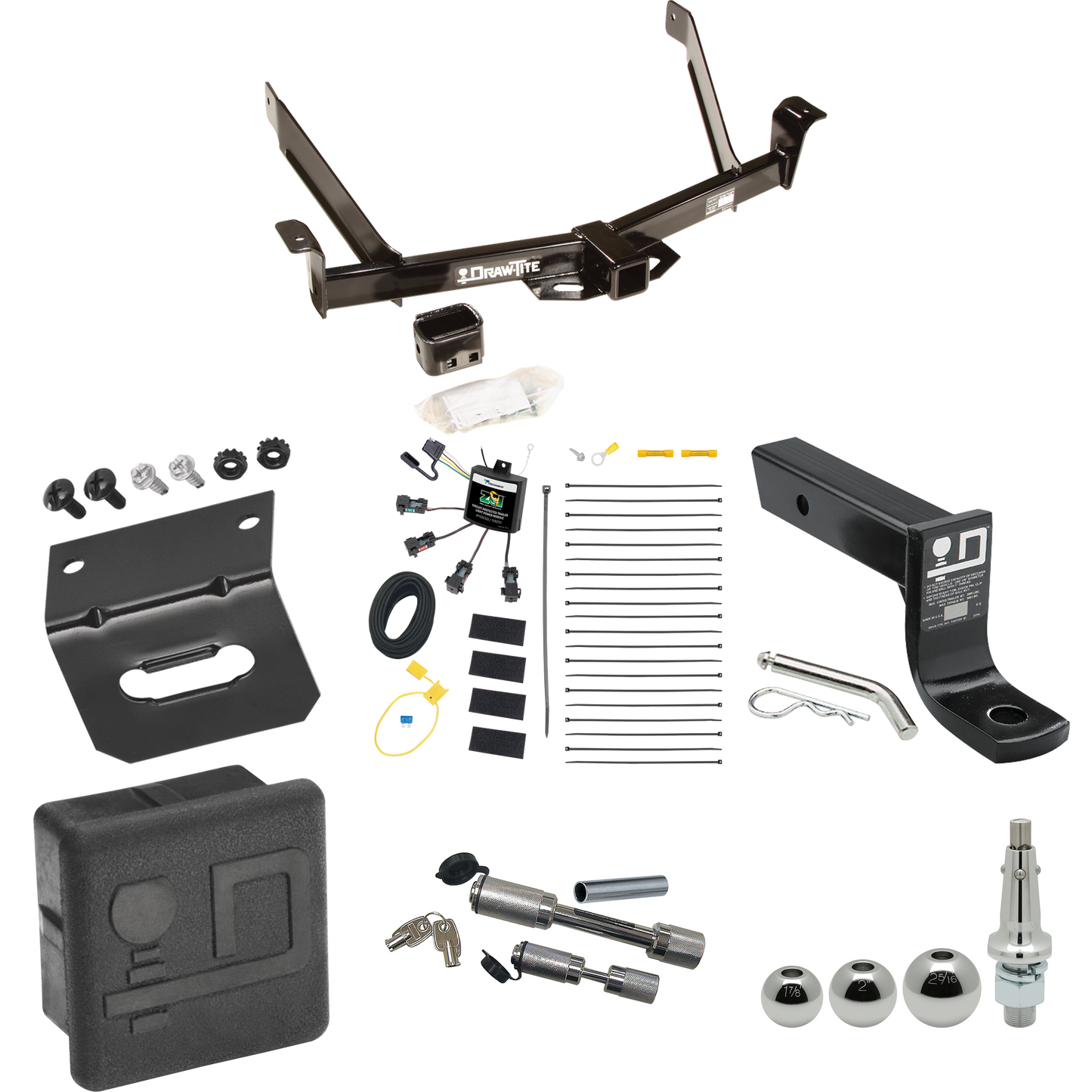 Fits 1997-2001 Mercury Mountaineer Trailer Hitch Tow PKG w/ 4-Flat Zero Contact "No Splice" Wiring + Ball Mount w/ 4" Drop + Interchangeable Ball 1-7/8" & 2" & 2-5/16" + Wiring Bracket + Dual Hitch & Coupler Locks + Hitch Cover By Draw-Tite