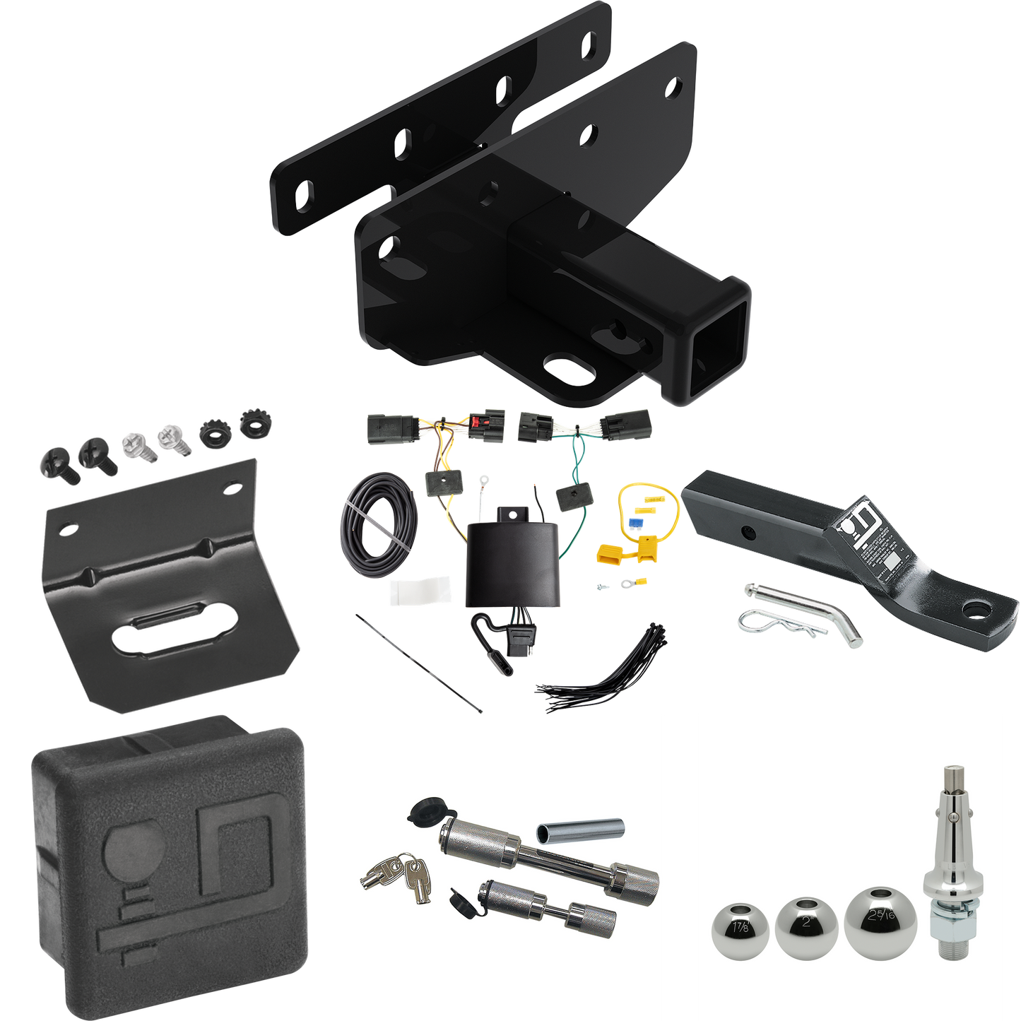 Fits 2018-2023 Jeep Wrangler Trailer Hitch Tow PKG w/ 4-Flat Wiring + Ball Mount w/ 2" Drop + Interchangeable Ball 1-7/8" & 2" & 2-5/16" + Wiring Bracket + Dual Hitch & Coupler Locks + Hitch Cover (For JL (New Body Style) Models) By Draw-Tite