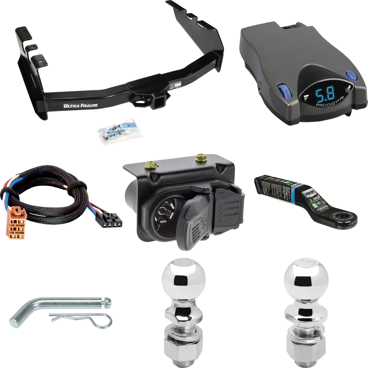 Fits 2003-2004 Chevrolet Silverado 2500 Trailer Hitch Tow PKG w/ Tekonsha Prodigy P2 Brake Control + Plug & Play BC Adapter + 7-Way RV Wiring + 2" & 2-5/16" Ball & Drop Mount By Draw-Tite