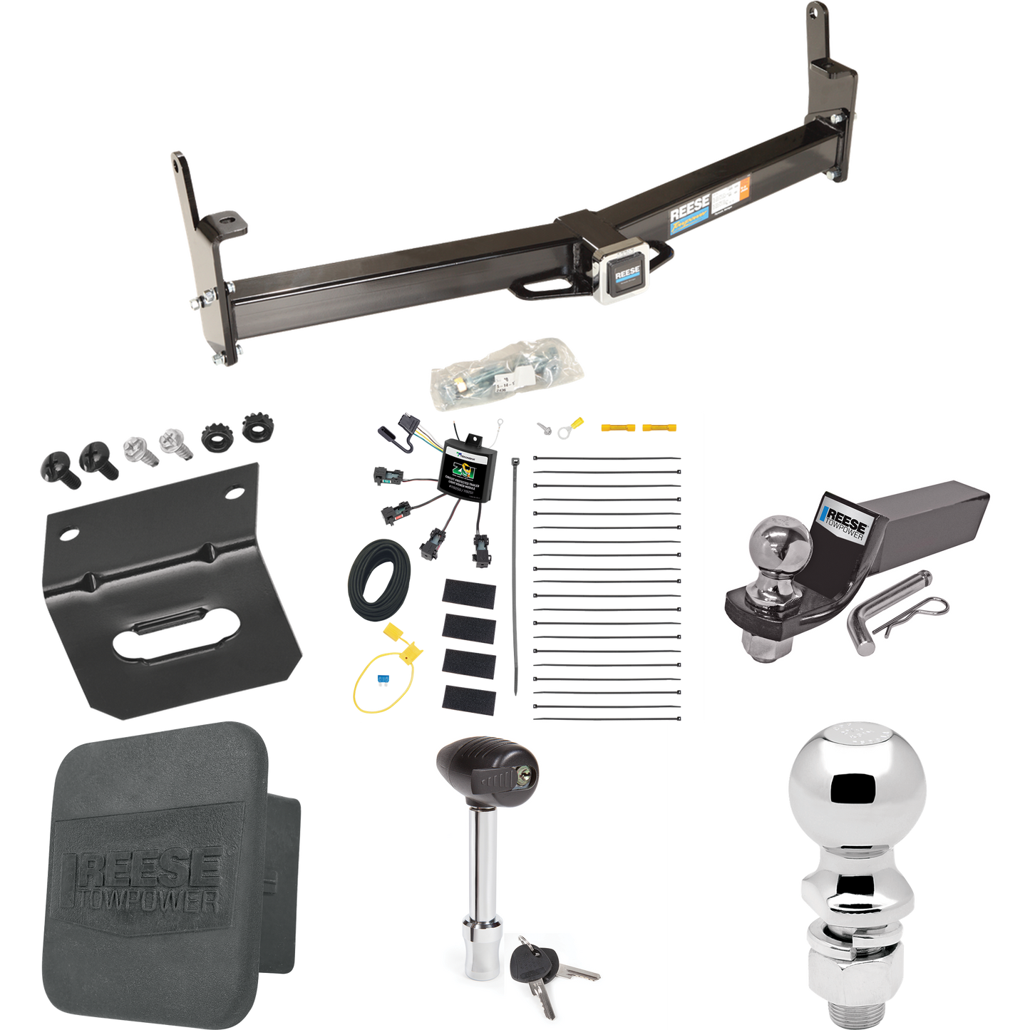 Fits 1997-2001 Mercury Mountaineer Trailer Hitch Tow PKG w/ 4-Flat Zero Contact "No Splice" Wiring + Starter Kit Ball Mount w/ 2" Drop & 2" Ball + 2-5/16" Ball + Wiring Bracket + Hitch Lock + Hitch Cover By Reese Towpower