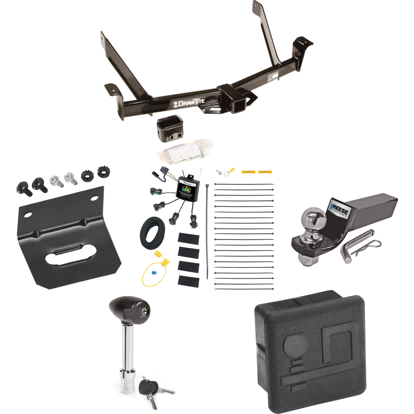 Fits 1997-2001 Mercury Mountaineer Trailer Hitch Tow PKG w/ 4-Flat Zero Contact "No Splice" Wiring + Starter Kit Ball Mount w/ 2" Drop & 2" Ball + Wiring Bracket + Hitch Lock + Hitch Cover By Draw-Tite