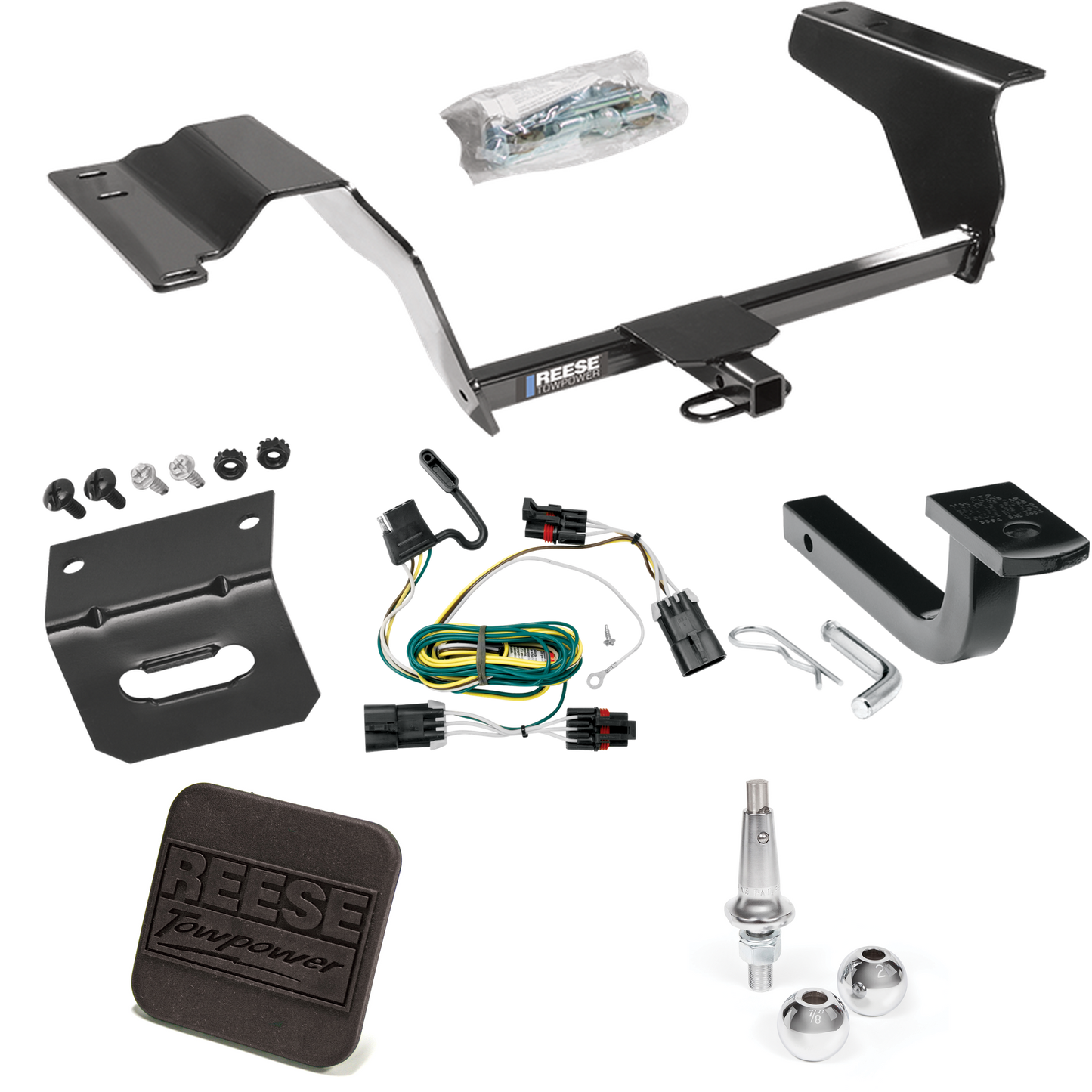 Se adapta al paquete de remolque con enganche para remolque Chevrolet HHR 2006-2011 con arnés de cableado de 4 planos + barra de tracción + bolas intercambiables de 1-7/8" y 2" + soporte de cableado + cubierta de enganche de Reese Towpower