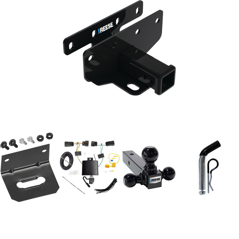 Fits 2018-2023 Jeep Wrangler Trailer Hitch Tow PKG w/ 4-Flat Wiring Harness + Triple Ball Ball Mount 1-7/8" & 2" & 2-5/16" Trailer Balls + Pin/Clip + Wiring Bracket (For JL (New Body Style) Models) By Reese Towpower