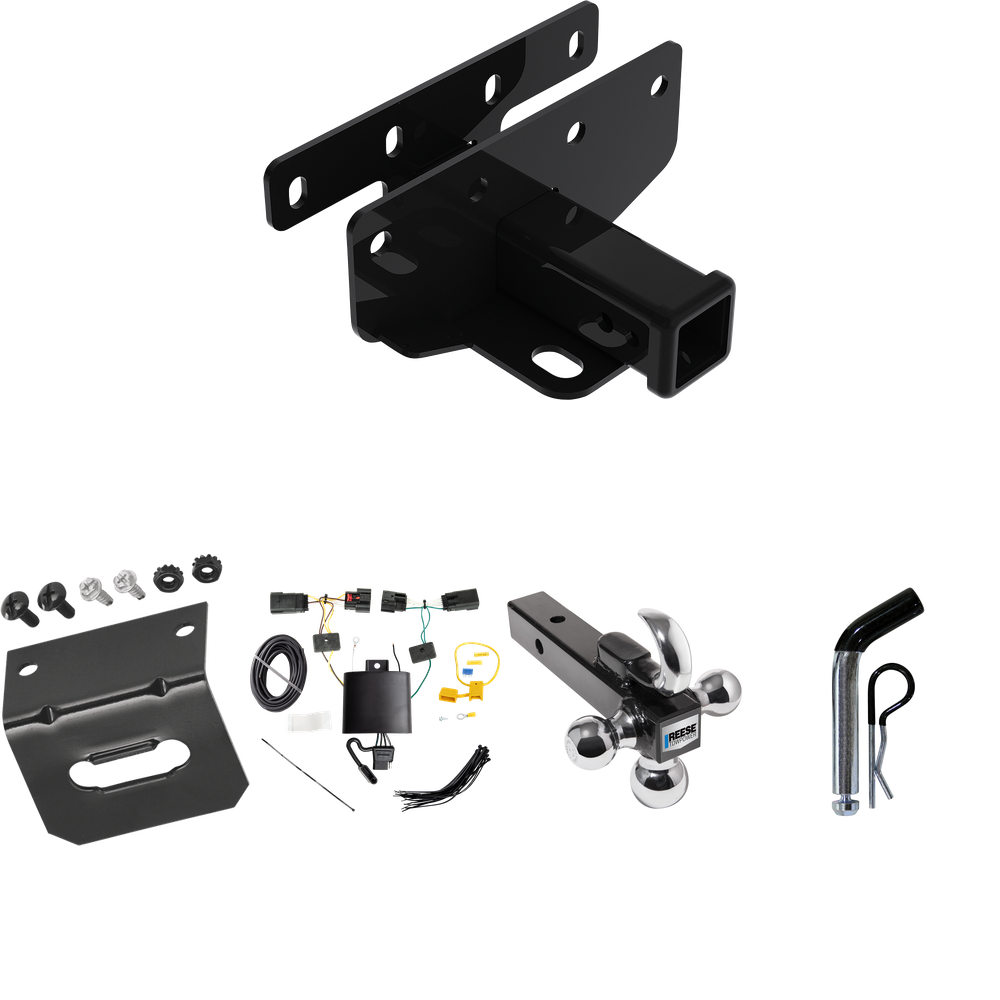 Fits 2018-2023 Jeep Wrangler Trailer Hitch Tow PKG w/ 4-Flat Wiring Harness + Triple Ball Ball Mount 1-7/8" & 2" & 2-5/16" Trailer Balls w/ Tow Hook + Pin/Clip + Wiring Bracket (For JL (New Body Style) Models) By Draw-Tite