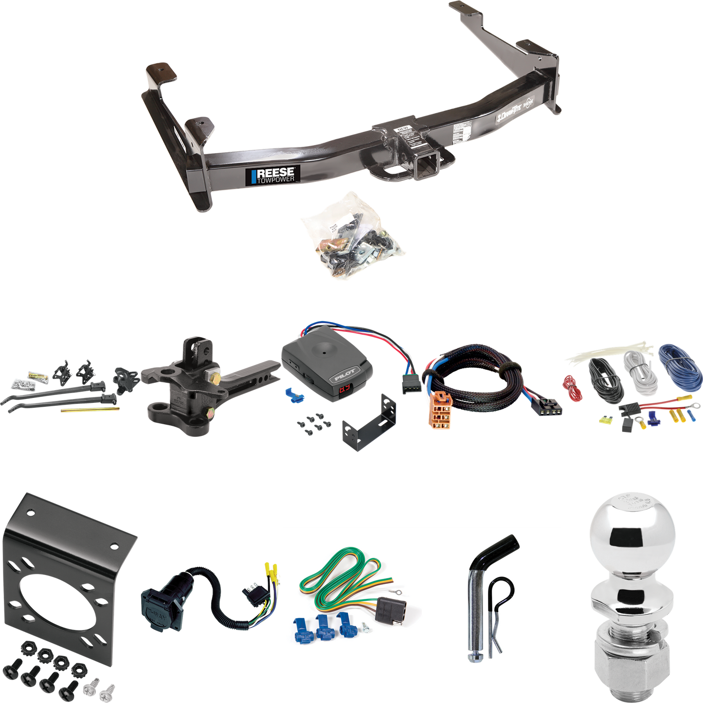 Fits 2003-2007 Chevrolet Silverado 3500 Trailer Hitch Tow PKG w/ 17K Trunnion Bar Weight Distribution Hitch + Pin/Clip + 2-5/16" Ball + Pro Series Pilot Brake Control + Plug & Play BC Adapter + 7-Way RV Wiring (For (Classic) Models) By Reese Towpower