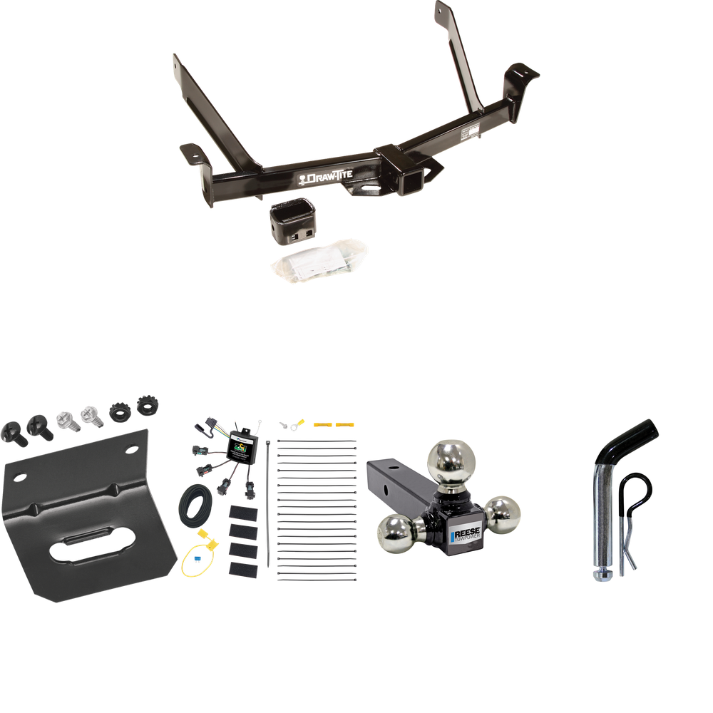 Fits 1995-2001 Ford Explorer Trailer Hitch Tow PKG w/ 4-Flat Zero Contact "No Splice" Wiring Harness + Triple Ball Ball Mount 1-7/8" & 2" & 2-5/16" Trailer Balls + Pin/Clip + Wiring Bracket By Draw-Tite