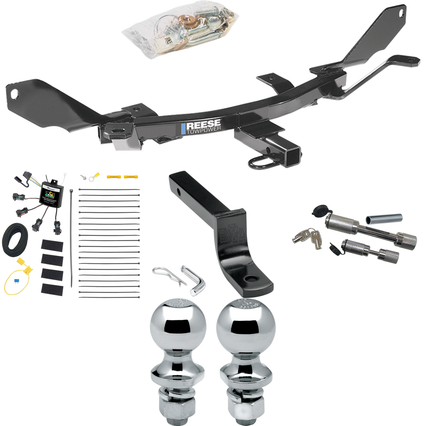 Fits 2007-2009 Lincoln MKZ Trailer Hitch Tow PKG w/ 4-Flat Zero Contact "No Splice" Wiring Harness + Draw-Bar + 1-7/8" + 2" Ball + Dual Hitch & Coupler Locks By Reese Towpower