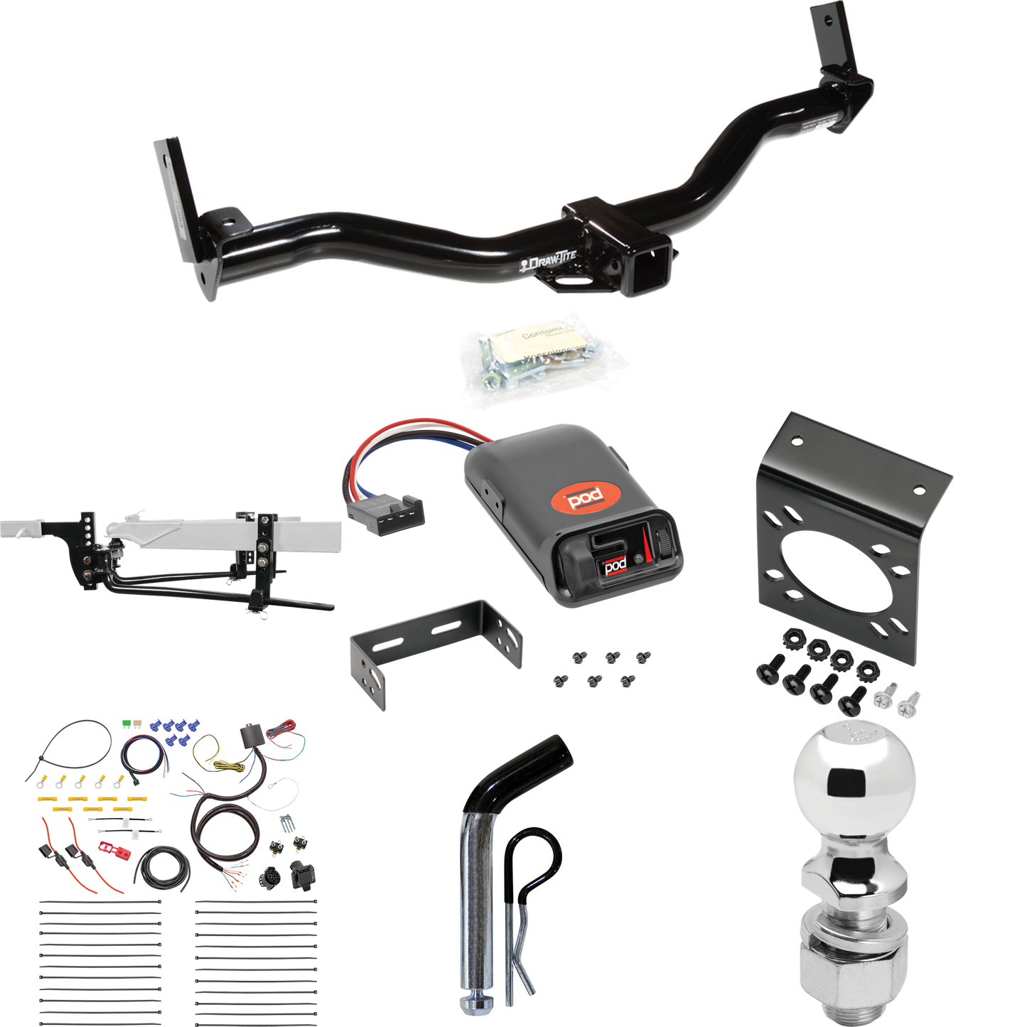 Fits 1995-2001 Ford Explorer Trailer Hitch Tow PKG w/ 6K Round Bar Weight Distribution Hitch w/ 2-5/16" Ball + 2" Ball + Pin/Clip + Pro Series POD Brake Control + 7-Way RV Wiring By Draw-Tite