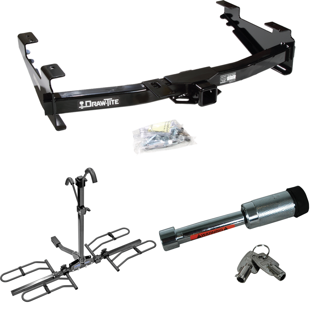 Fits 2001-2002 Chevrolet Silverado 3500 Trailer Hitch Tow PKG w/ 2 Bike Plaform Style Carrier Rack + Hitch Lock By Draw-Tite