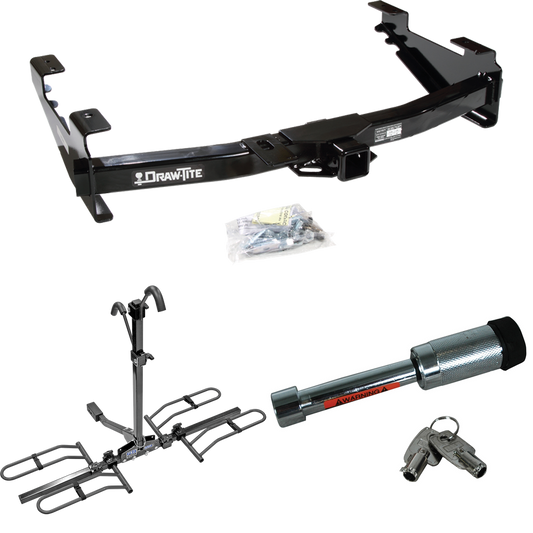 Fits 2001-2002 Chevrolet Silverado 3500 Trailer Hitch Tow PKG w/ 2 Bike Plaform Style Carrier Rack + Hitch Lock By Draw-Tite